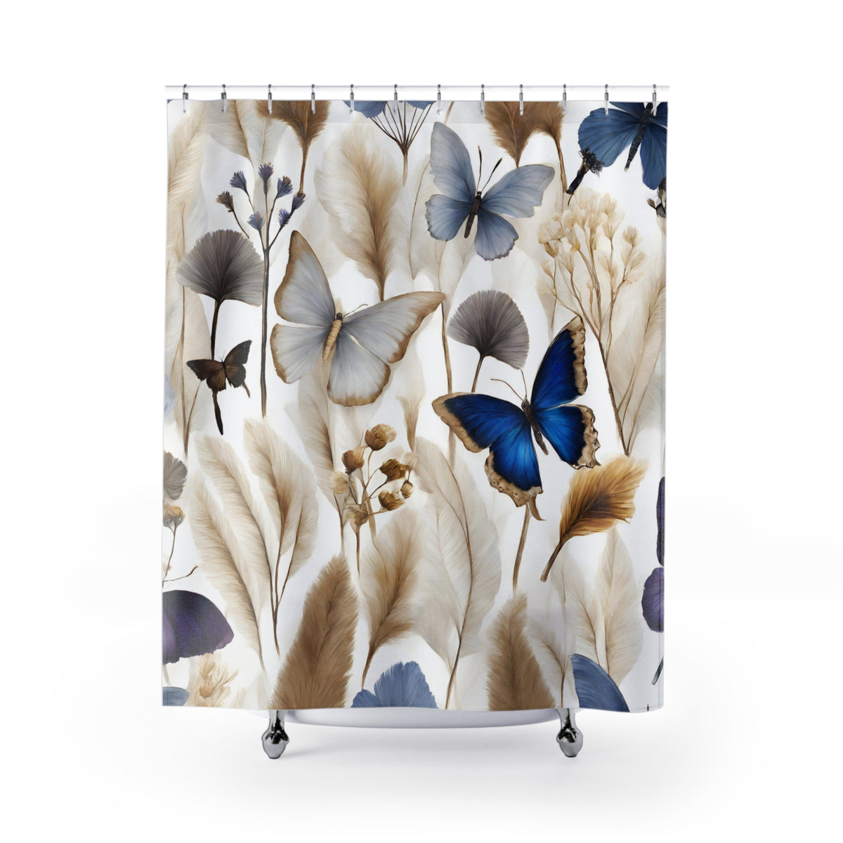 a shower curtain with a repeating pattern of blue and white butterflies and various natural elements such as leaves, flowers, and feathers.