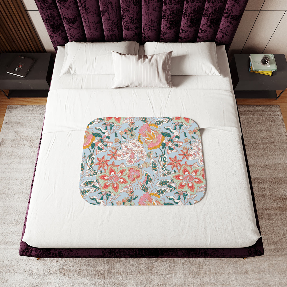 Coral Teal Jacobean Floral Sherpa Blanket | Light Blue Throw