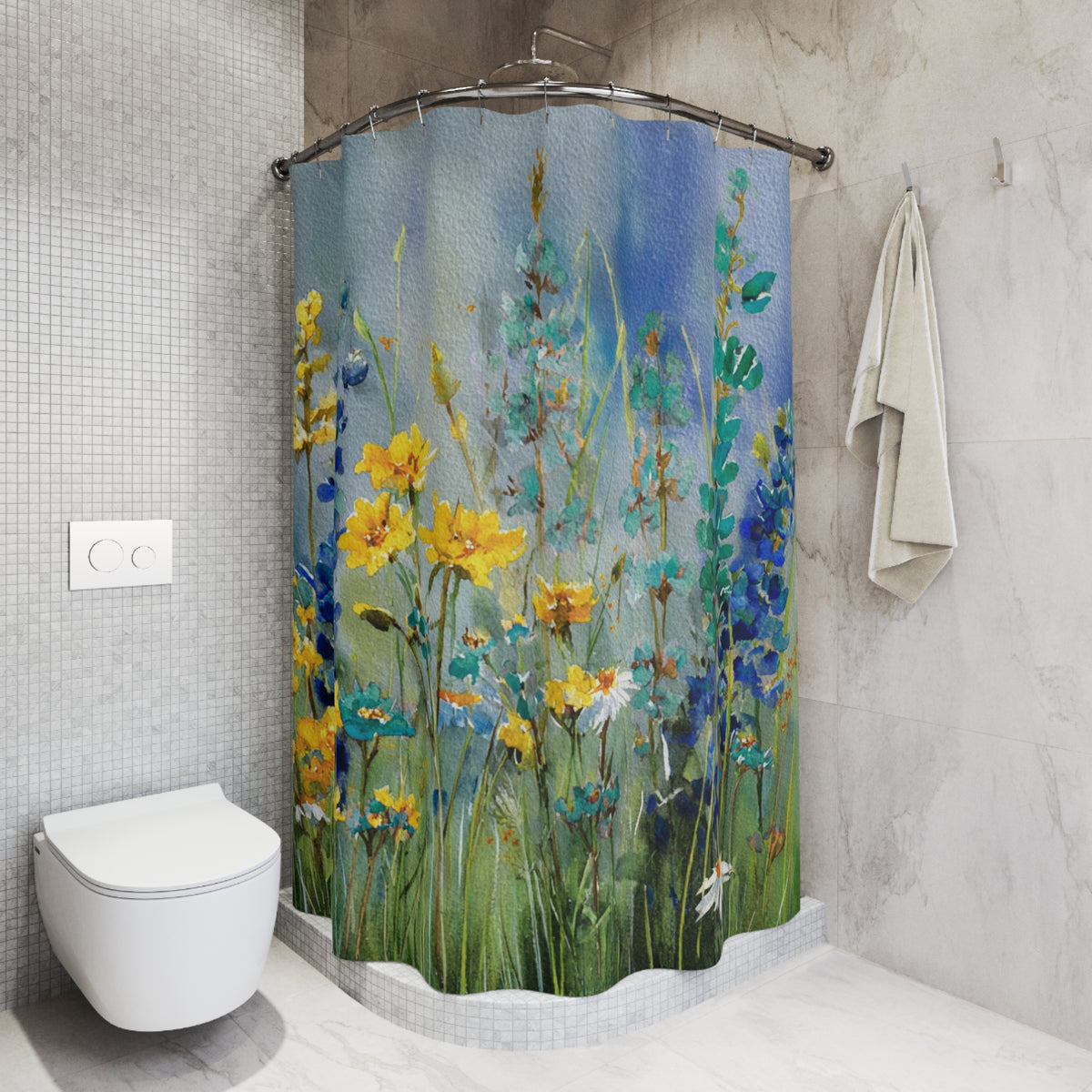 a bathroom with a shower curtain that has a vibrant floral design. The shower curtain is hanging in the corner of the bathroom, and there is a towel rack next to it. The bathroom has a white toilet and a tiled wall, creating a clean and modern aesthetic.