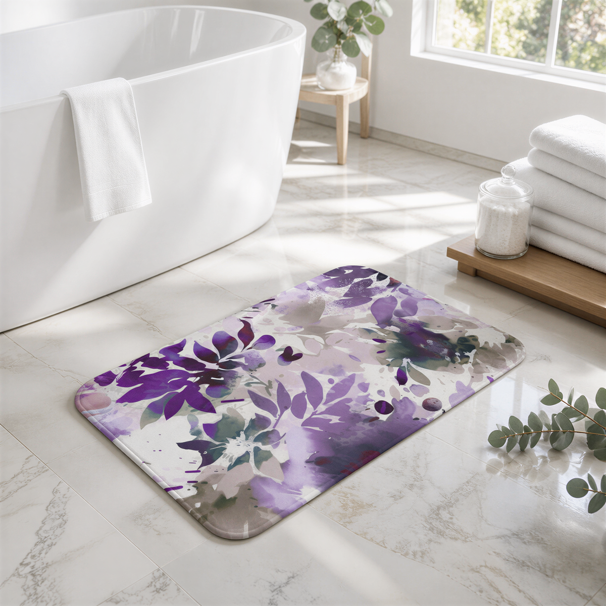 a bathroom with a white bathtub, a colorful floral bath mat, and a wooden shelf with folded towels.