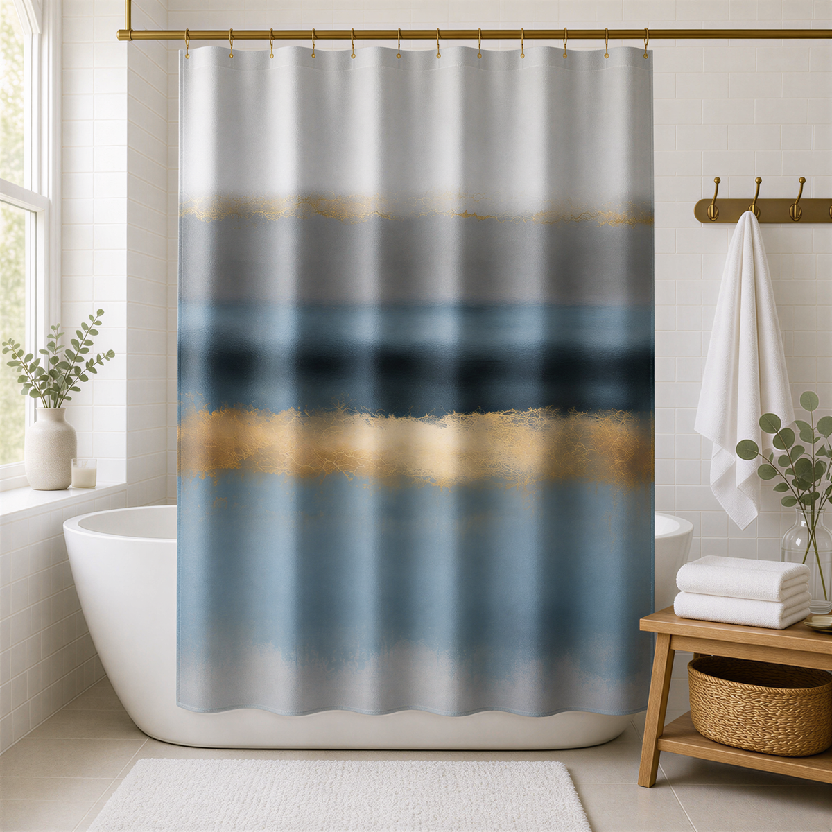 a bathroom with a white bathtub, a shower curtain with a blue and gold abstract design, and a wooden shelf with towels and a plant.