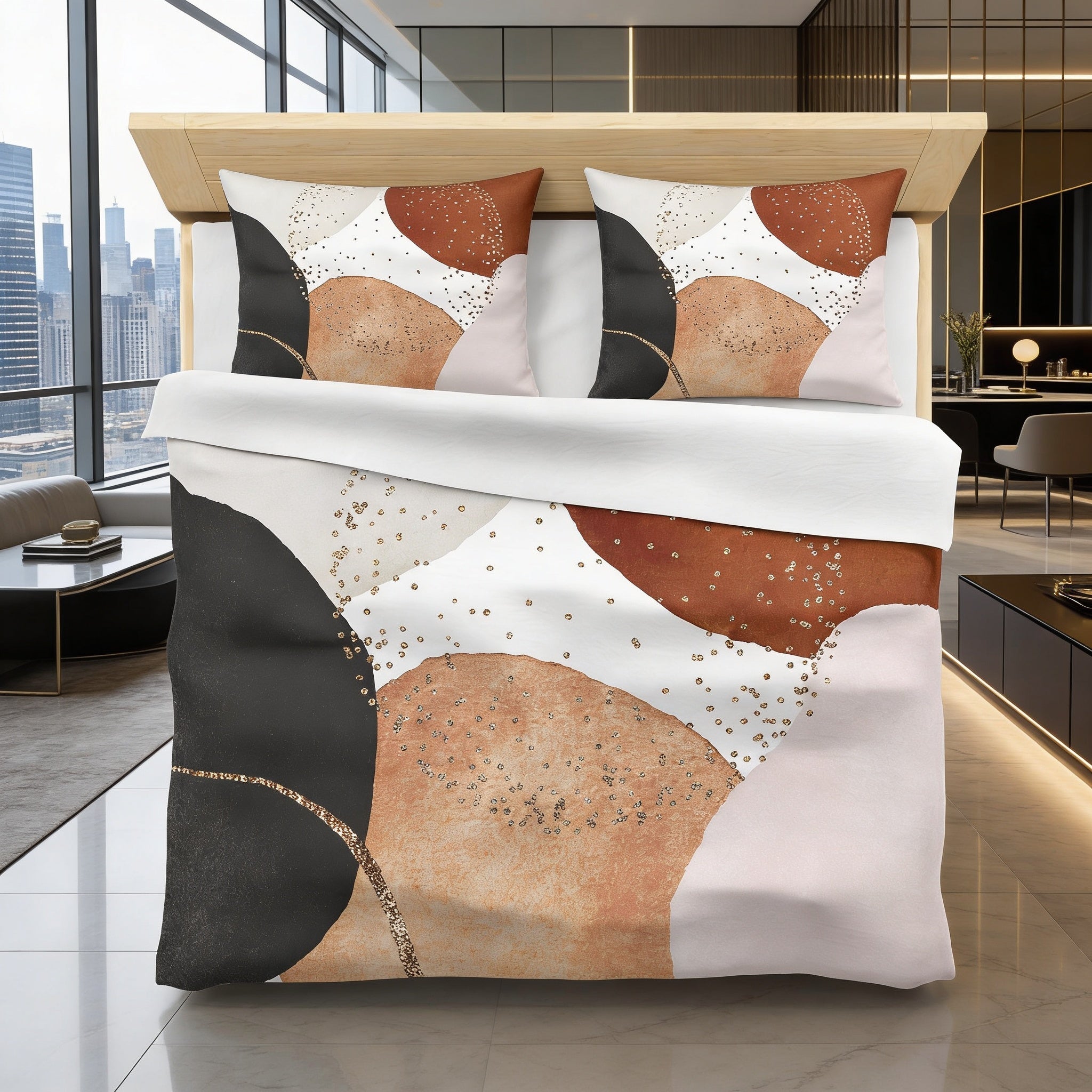 a modern bedroom with a large bed adorned with a colorful abstract patterned bedspread and matching pillows. The room has a sleek, contemporary design with a large window providing natural light and a view of the city skyline.