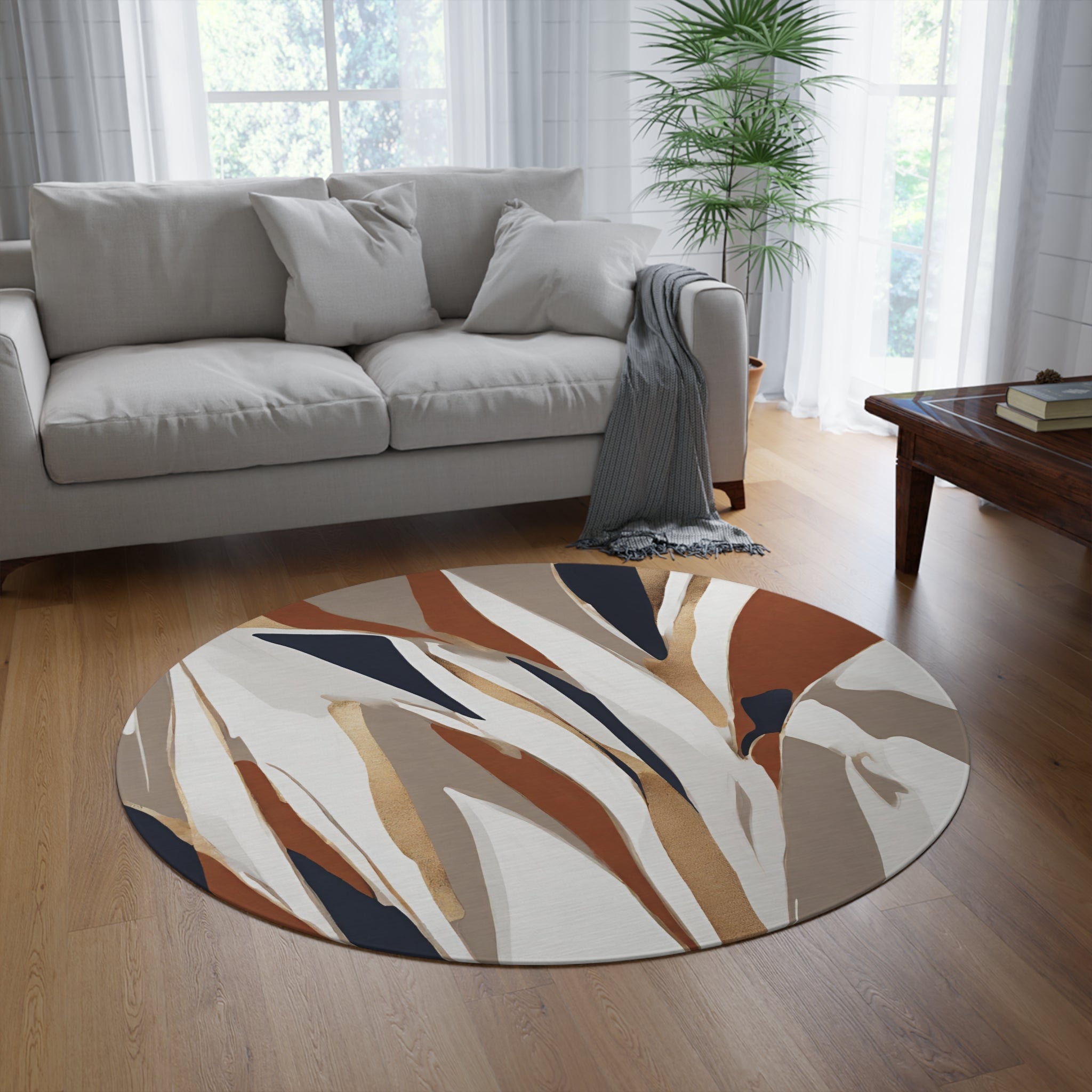 Abstract Boho Round Area Rug | White Taupe Beige, Rust Navy Blue