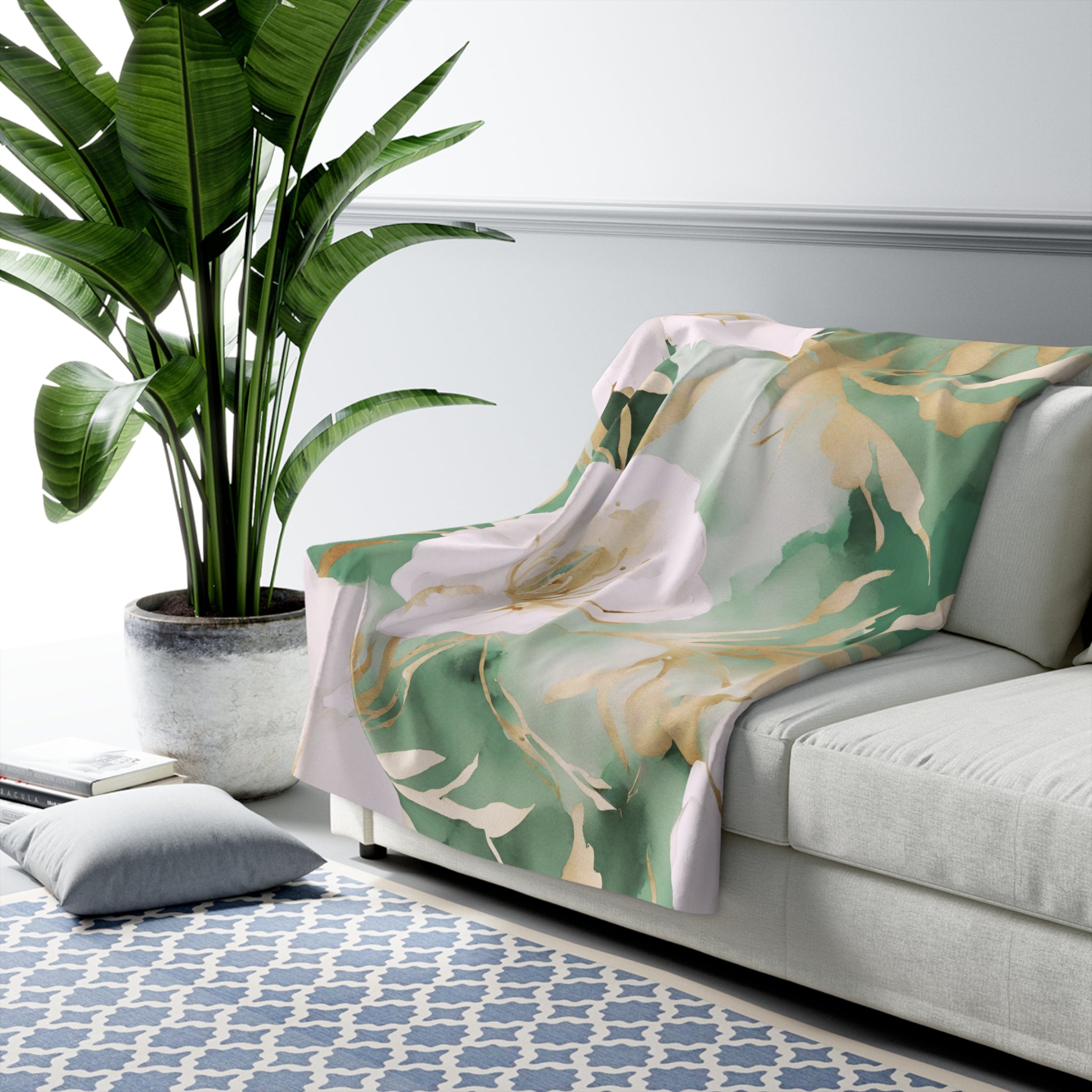 Floral Couch Throw Blanket | Sage Green Muted Gold, Blush Pink