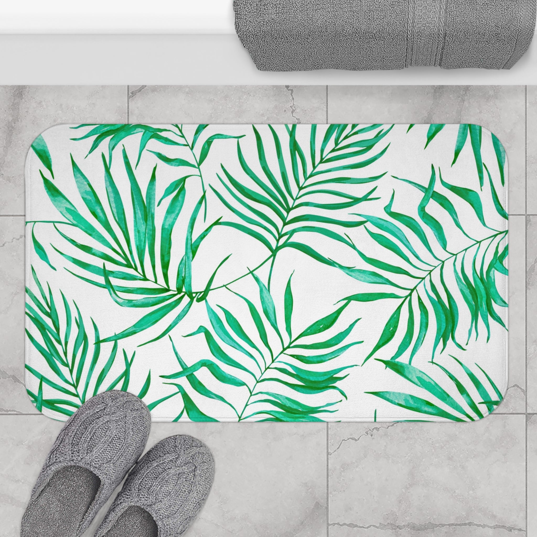 Floral Bath, Kitchen Mat | Tropical Green Palm Leaves, White