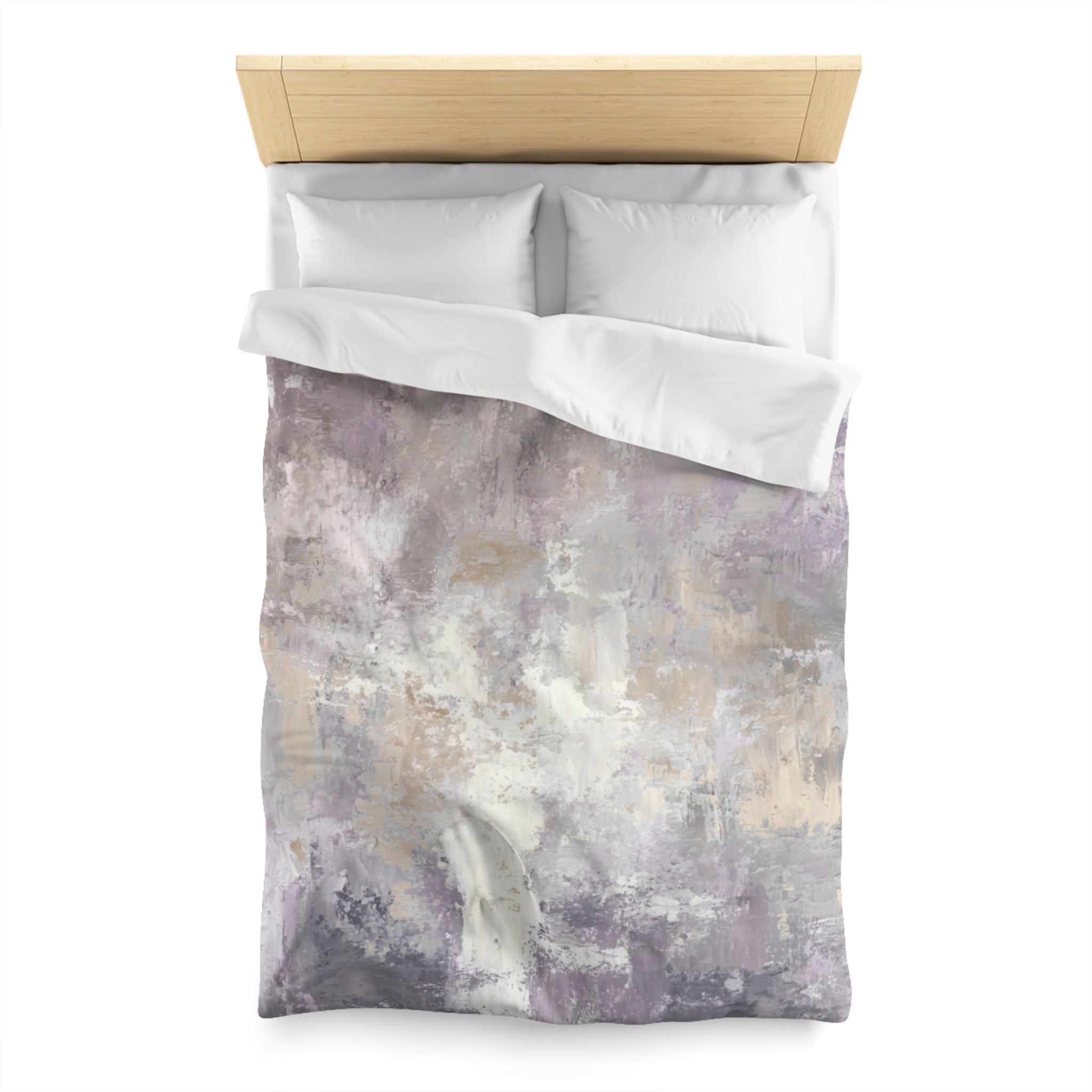 a bed with a white comforter and pillows, featuring a colorful abstract painting or print on the comforter.