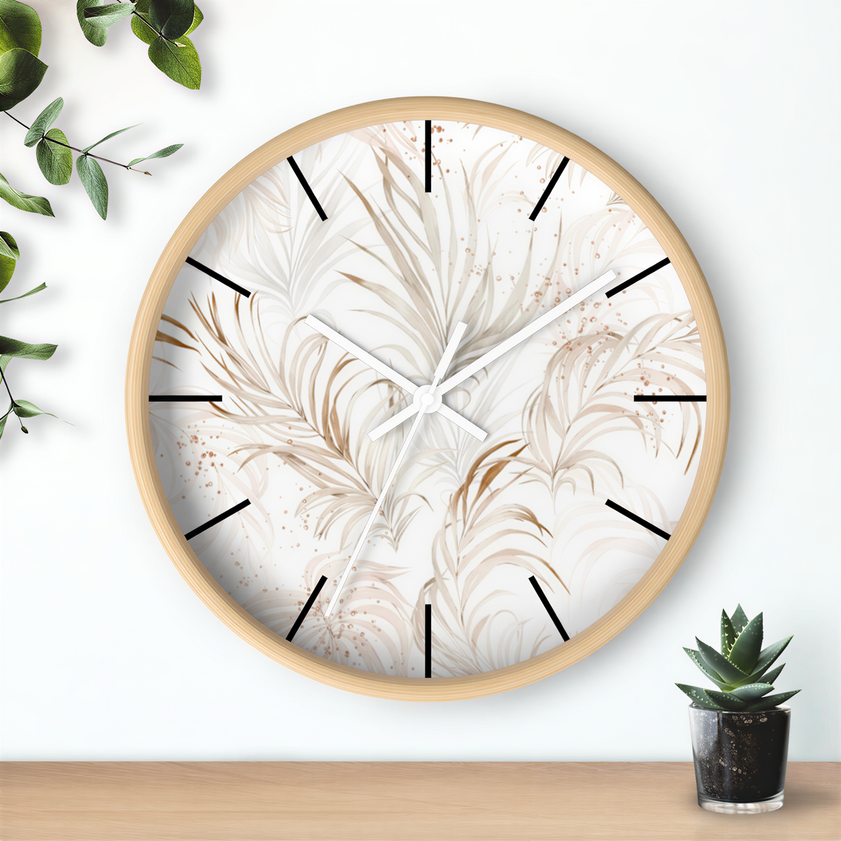 Floral Wood Wall Clock White Beige Leaves full front view