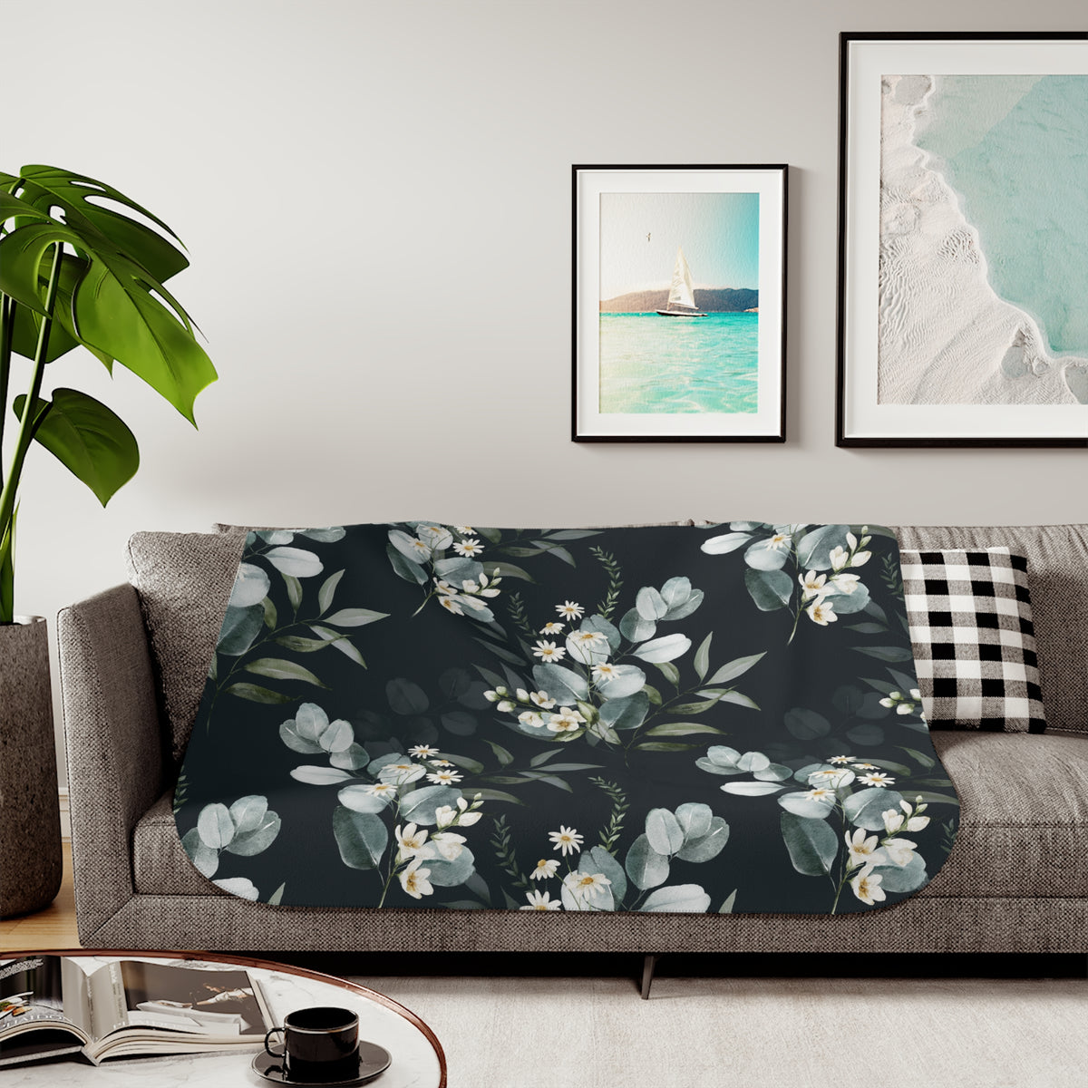 Moody Sage Eucalyptus Daisy Sherpa Blanket | Charcoal Botanical Throw