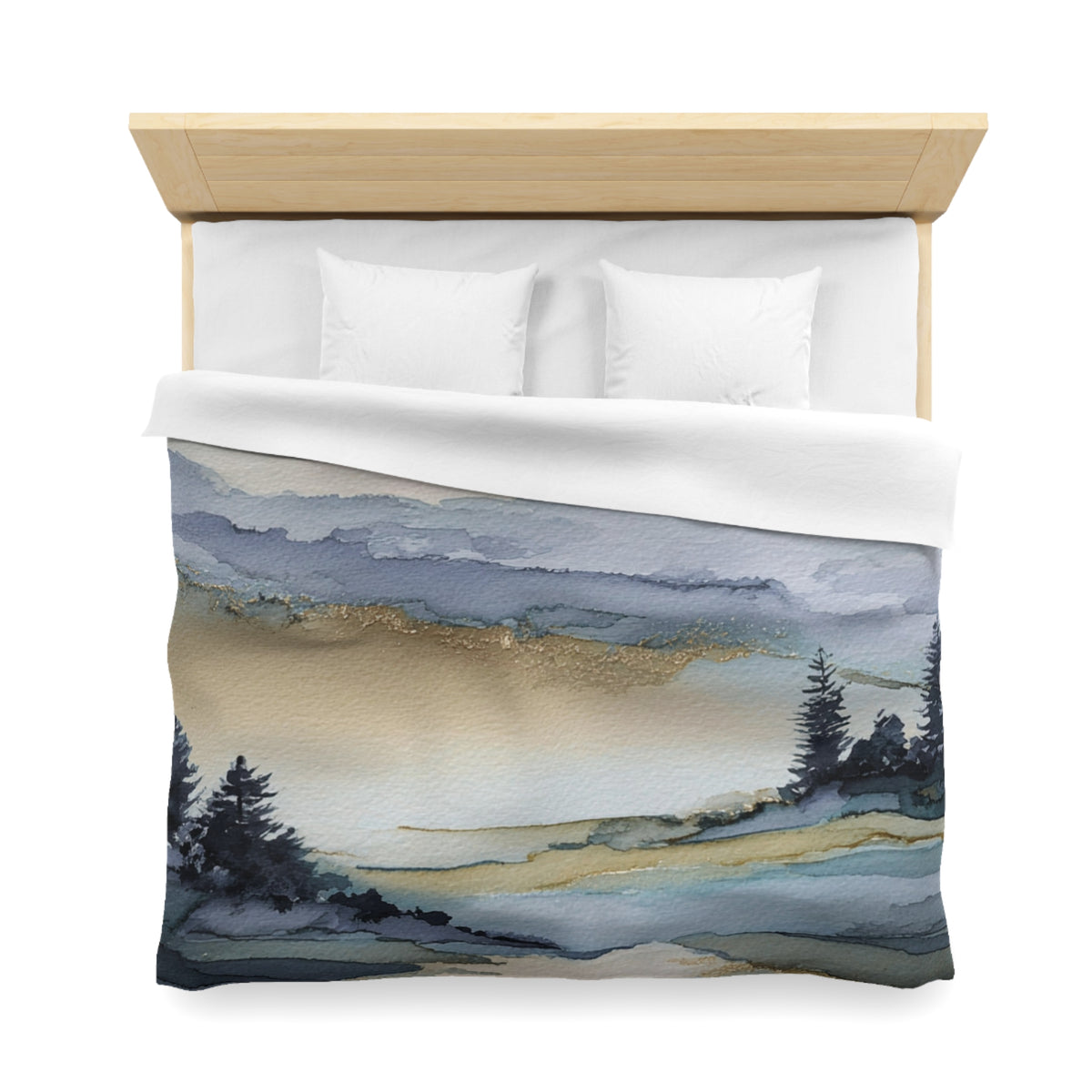 a bed with a white comforter and pillows, featuring a watercolor landscape print depicting a serene, cloudy day with trees and mountains in the background.