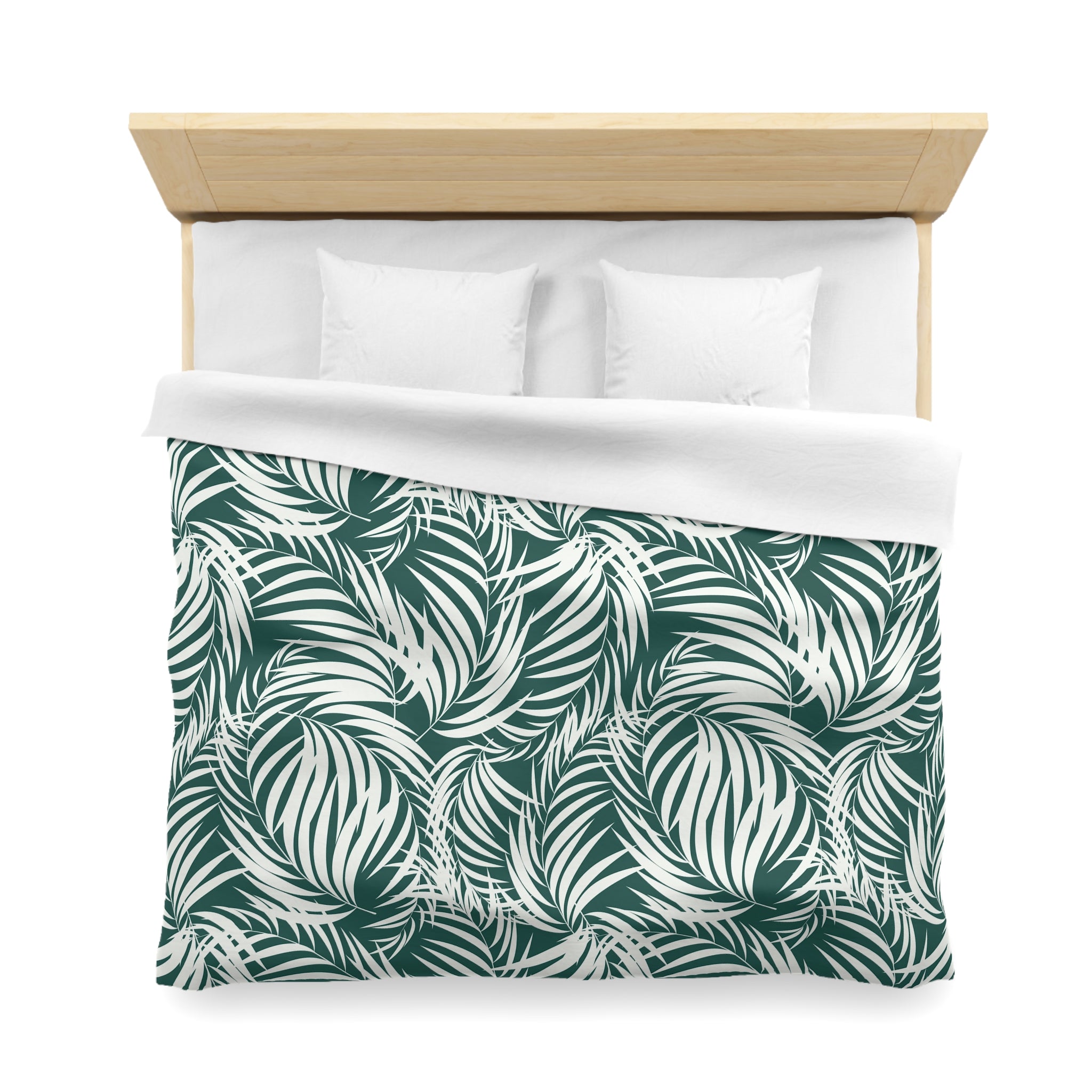 Floral Cotton Duvet, Pillow Cover | Tropical Nature Teal White Leaves Bedroom Decor