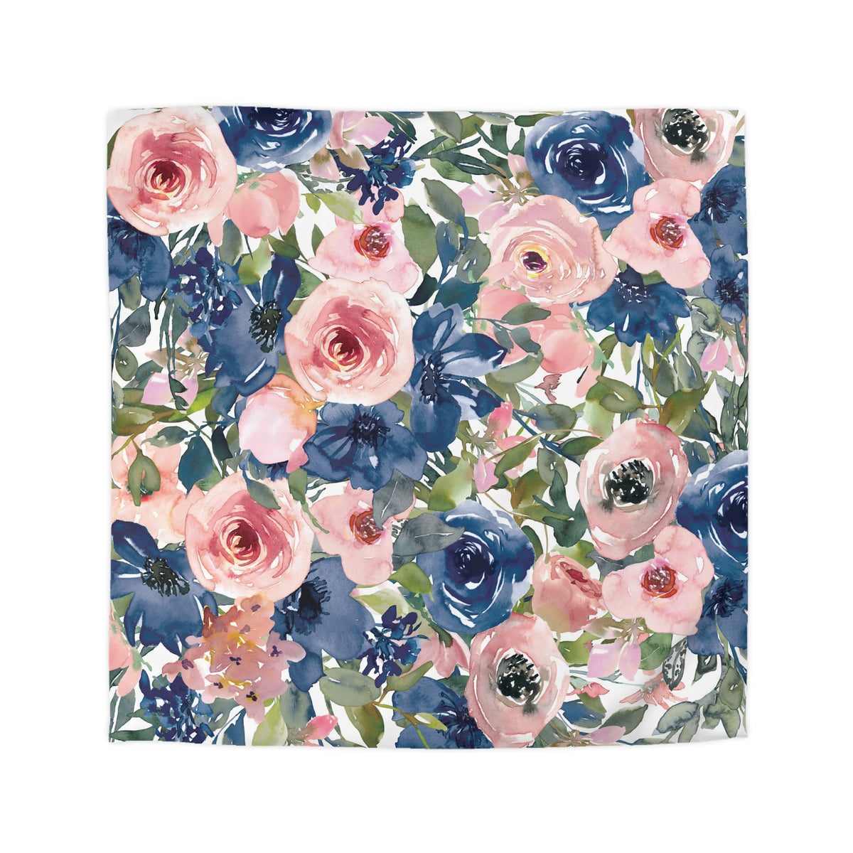 The image is a vibrant and colorful floral pattern featuring a variety of pink, blue, and green flowers and leaves.