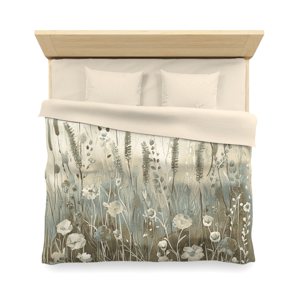 a neatly made bed with a floral patterned comforter and pillows.
