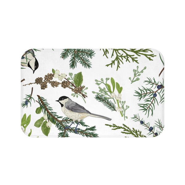 Nature Bath Mat, Kitchen Mat | White Green, Bird Nature Floral
