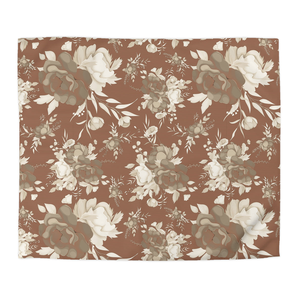 a square-shaped floral print with a repeating pattern of brown and white flowers and leaves.