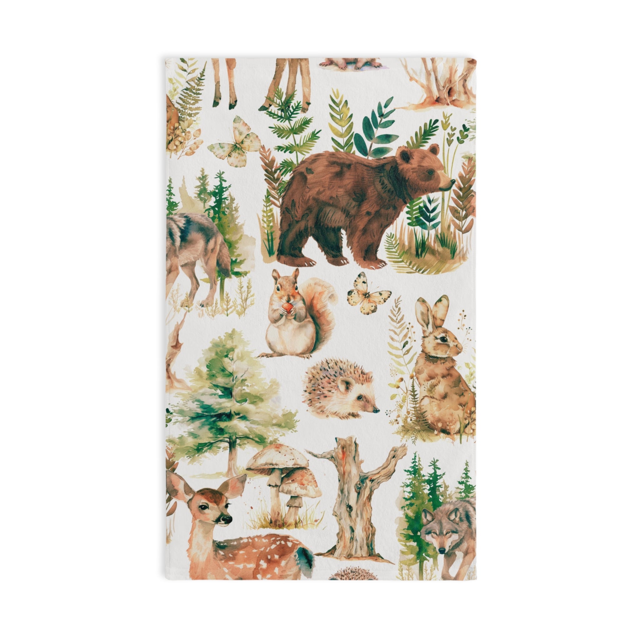 Floral Kitchen, Bath Hand Towel | Forest Wild Animals, Nature Beige Green