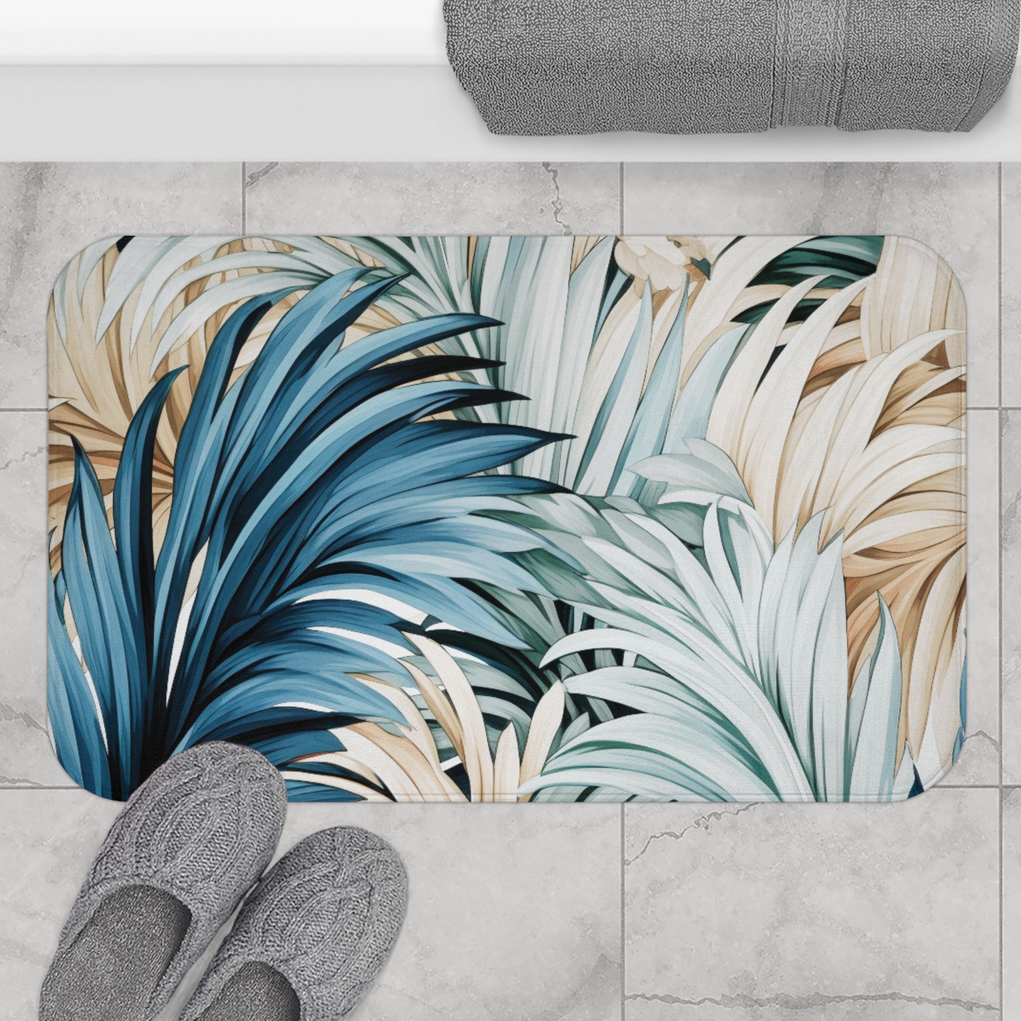 Jungle Leaves Bath Mat | Blue Beige Kitchen Mat