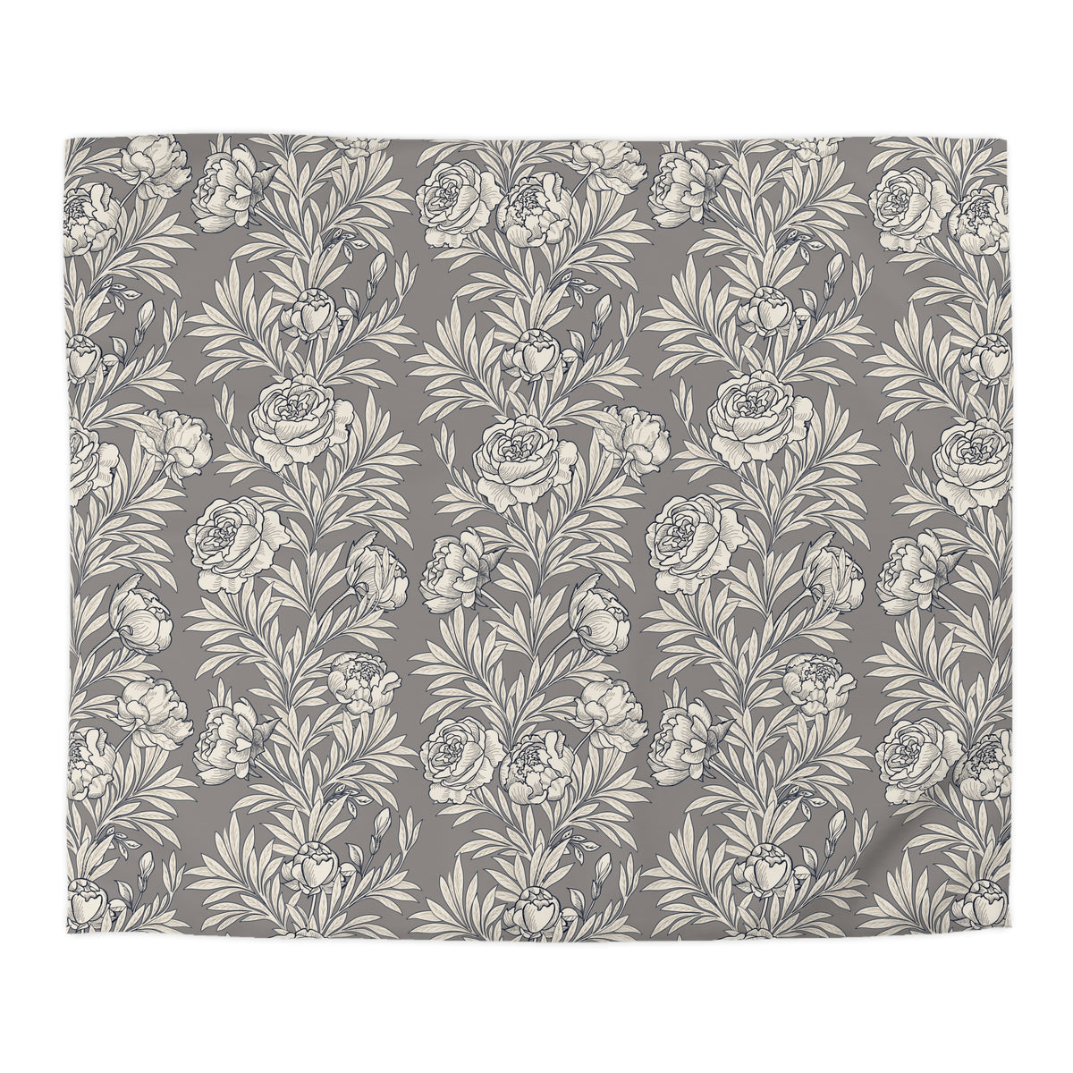 a repeating pattern of white flowers on a gray background.