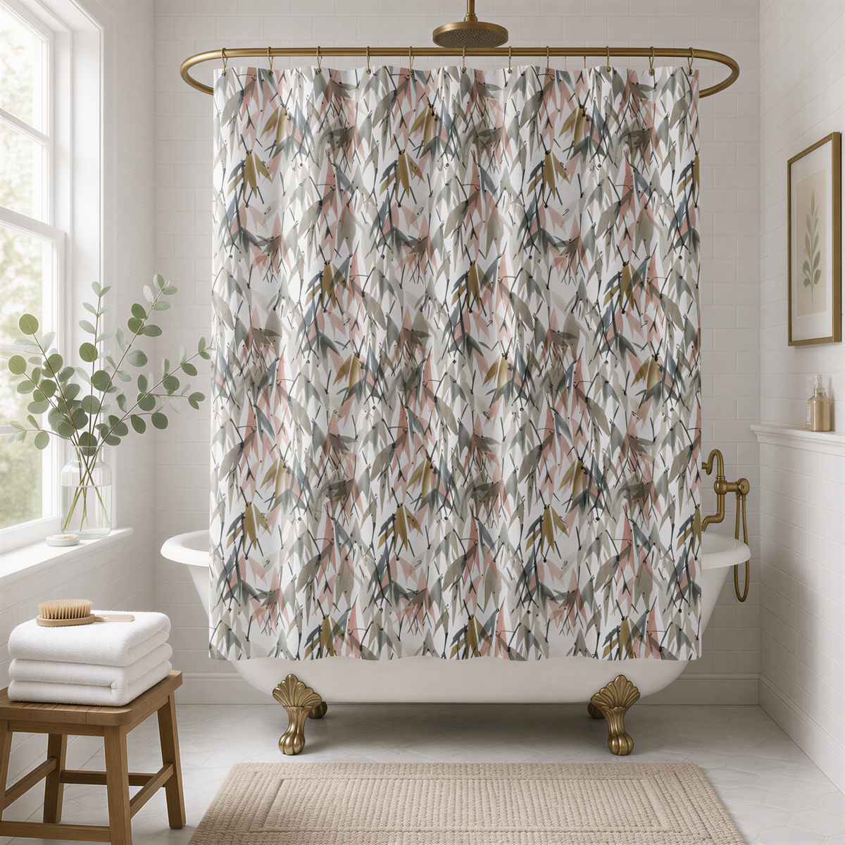 a bathroom with a white clawfoot bathtub, a shower curtain with a leafy pattern, and a wooden stool. The room has a minimalist and modern design, with a large window providing natural light.