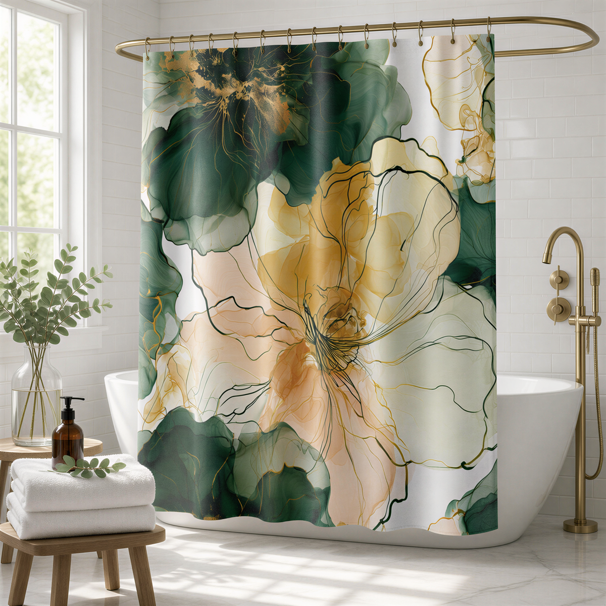 a bathroom with a shower curtain adorned with a vibrant floral pattern in shades of green, yellow, and orange. The shower curtain is hanging from a gold rod, and the bathroom has a white bathtub and a wooden stool. There is also a bottle of soap and a plant in the room.