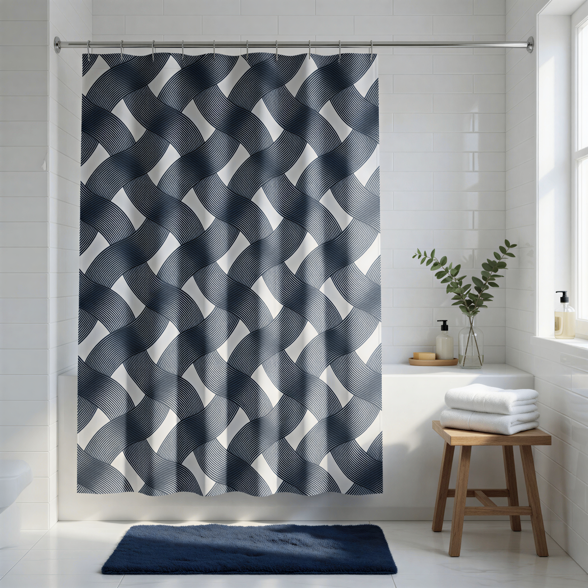 a bathroom with a shower curtain featuring a black and white geometric pattern. The shower curtain is hanging from a rod, and there is a blue rug on the floor. A wooden stool is placed next to the shower, and a vase with greenery is on the windowsill.