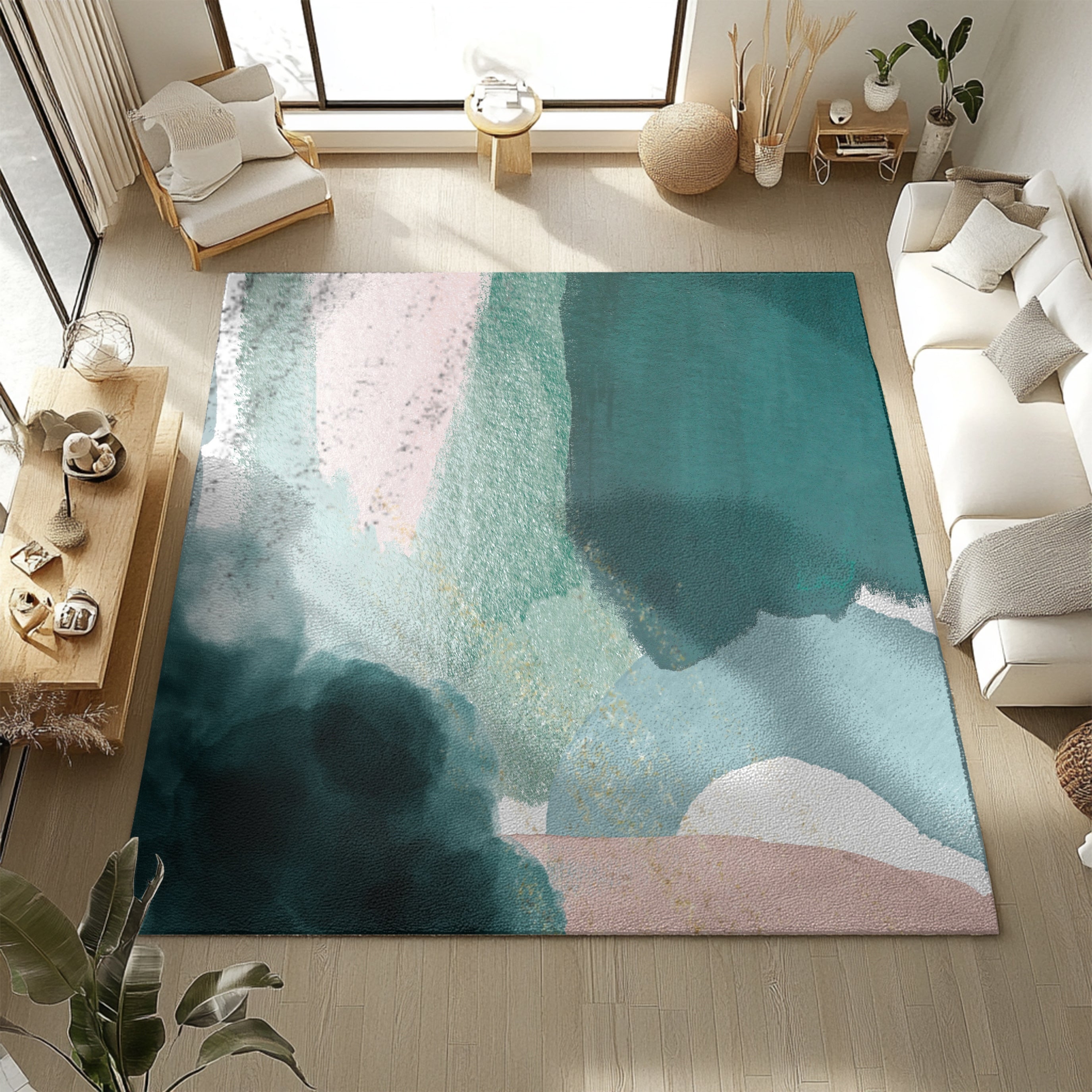 stylish modern abstract green blush pink rug in living room