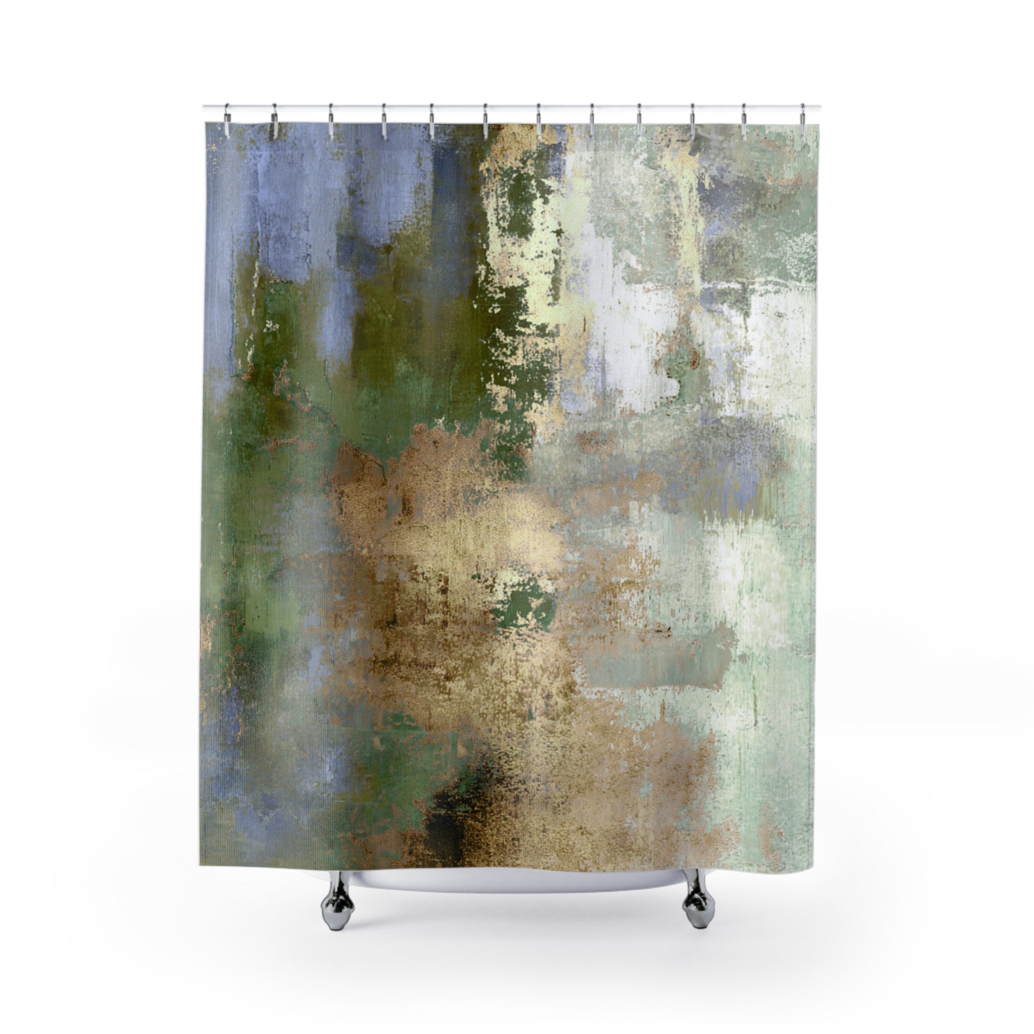 Boho Shower Curtain | Abstract Green Beige Bathroom Decor