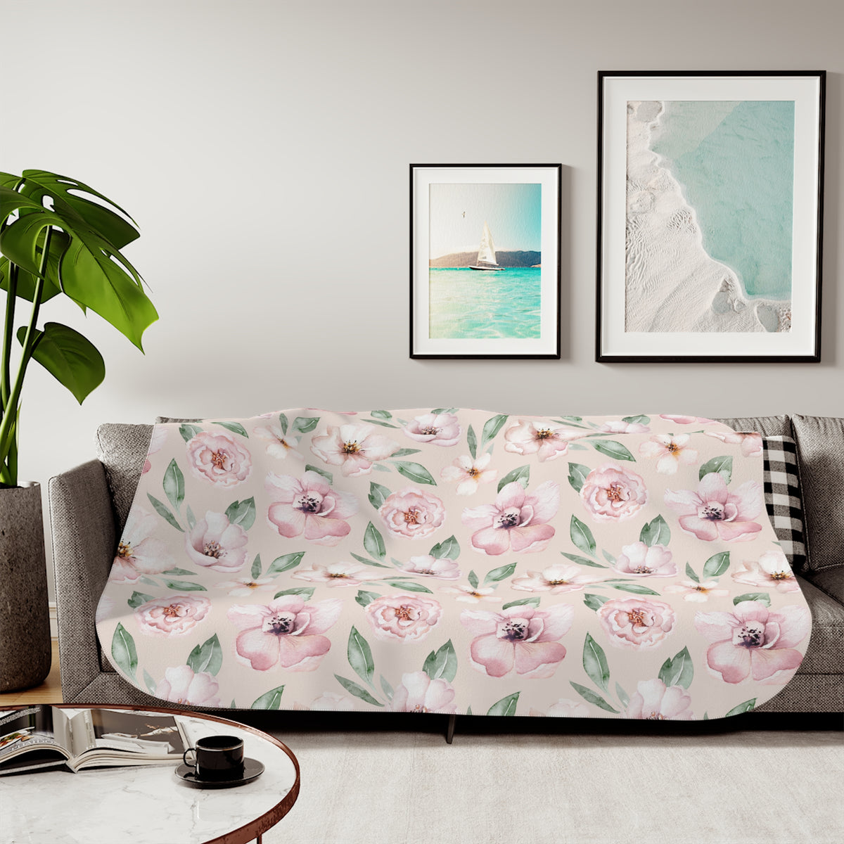 Blush Pink Watercolor Garden Rose Sherpa Blanket | Floral Throw