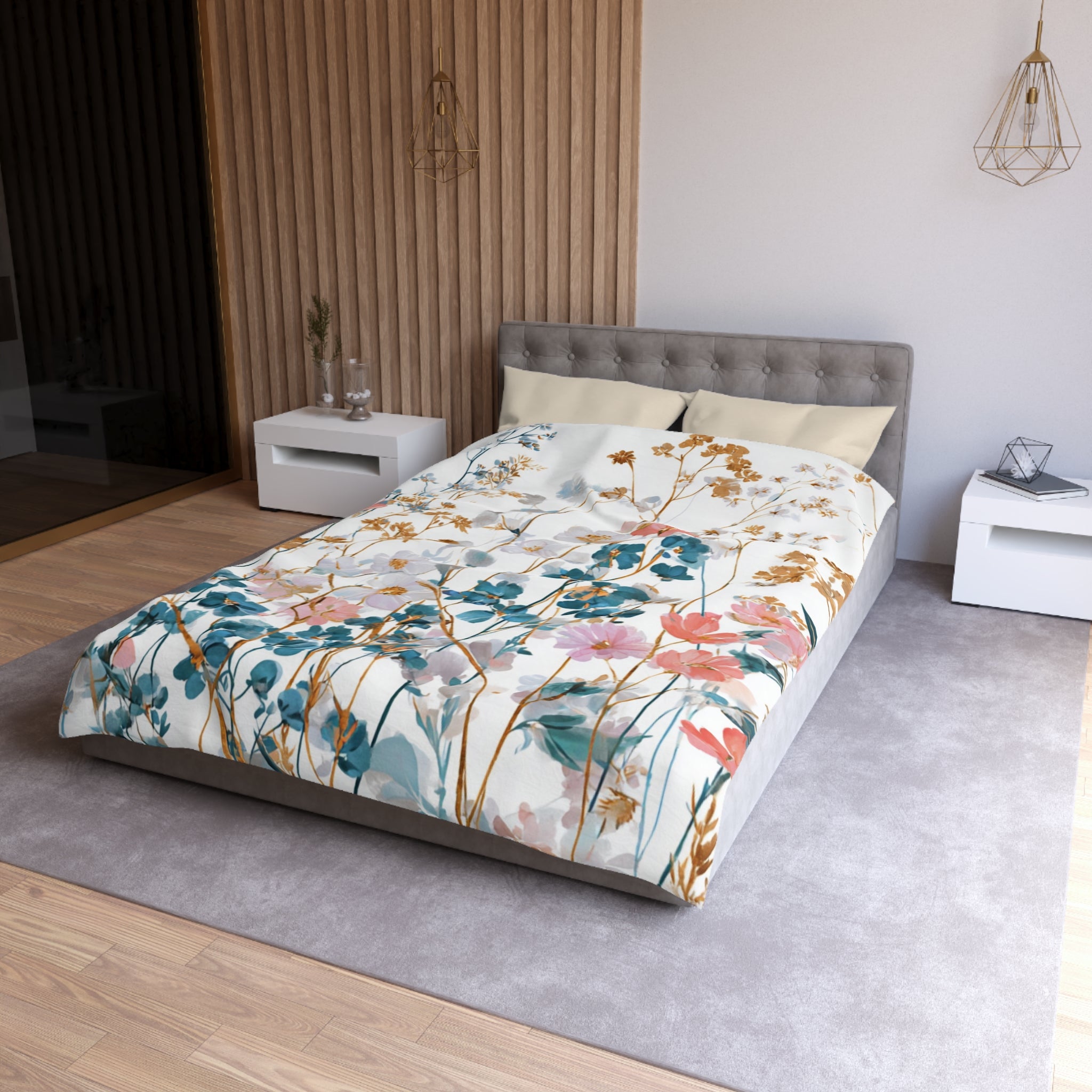Floral Modern Duvet, Pillow Cover | White Beige Bedroom Decor