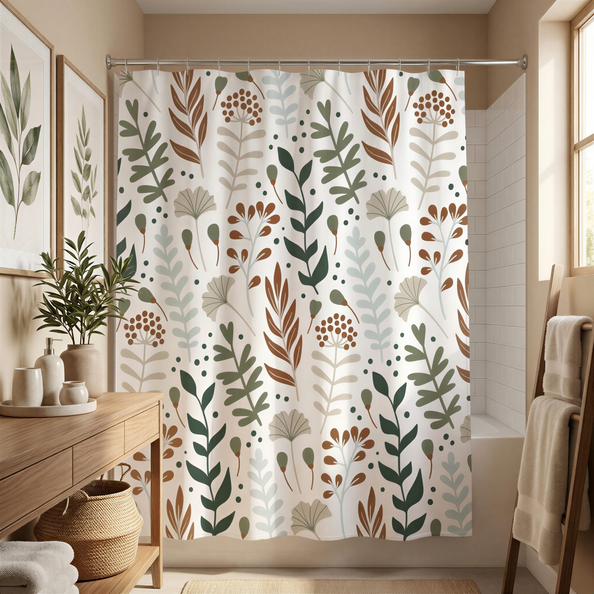 a bathroom with a shower curtain featuring a floral pattern in shades of green, brown, and white. The shower curtain is hanging on a rod, and there are two potted plants in the room, one on the left side and another on the right side. The bathroom also includes a wooden table and a towel rack.
