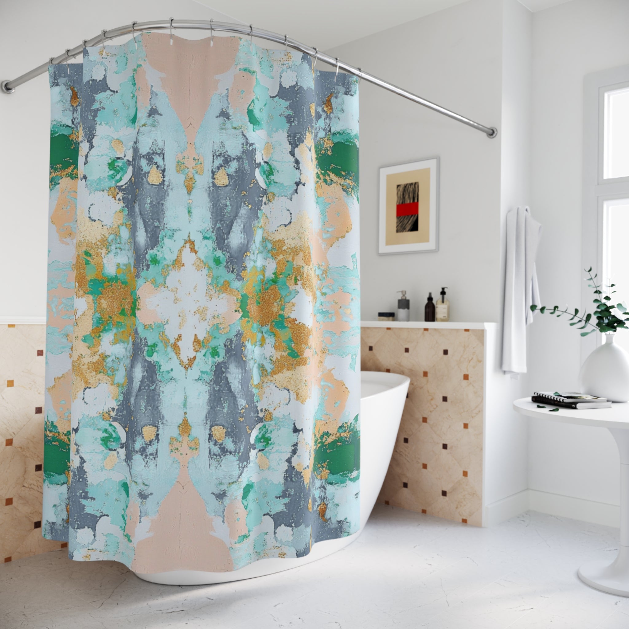 Abstract Shower Curtain | Aesthetic Mirrored Art, Blue Blush Green