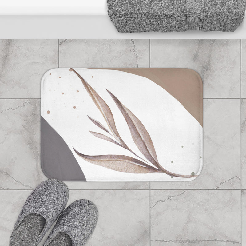 Boho Bath Mat | Modern Organic, Beige White Grey leaf