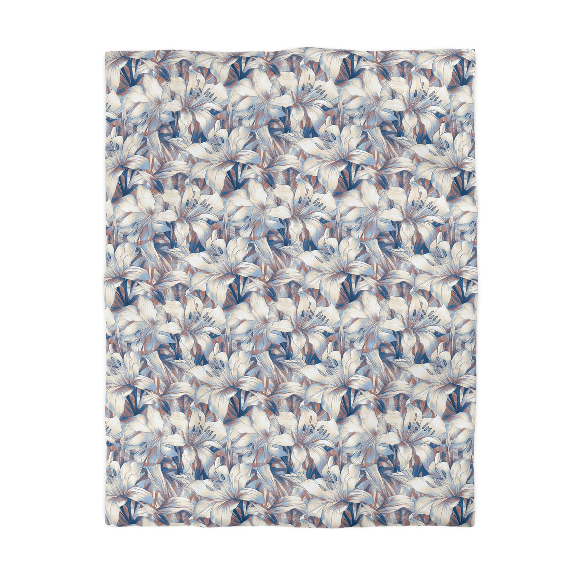 a repeating pattern of blue and white flowers on a fabric surface.