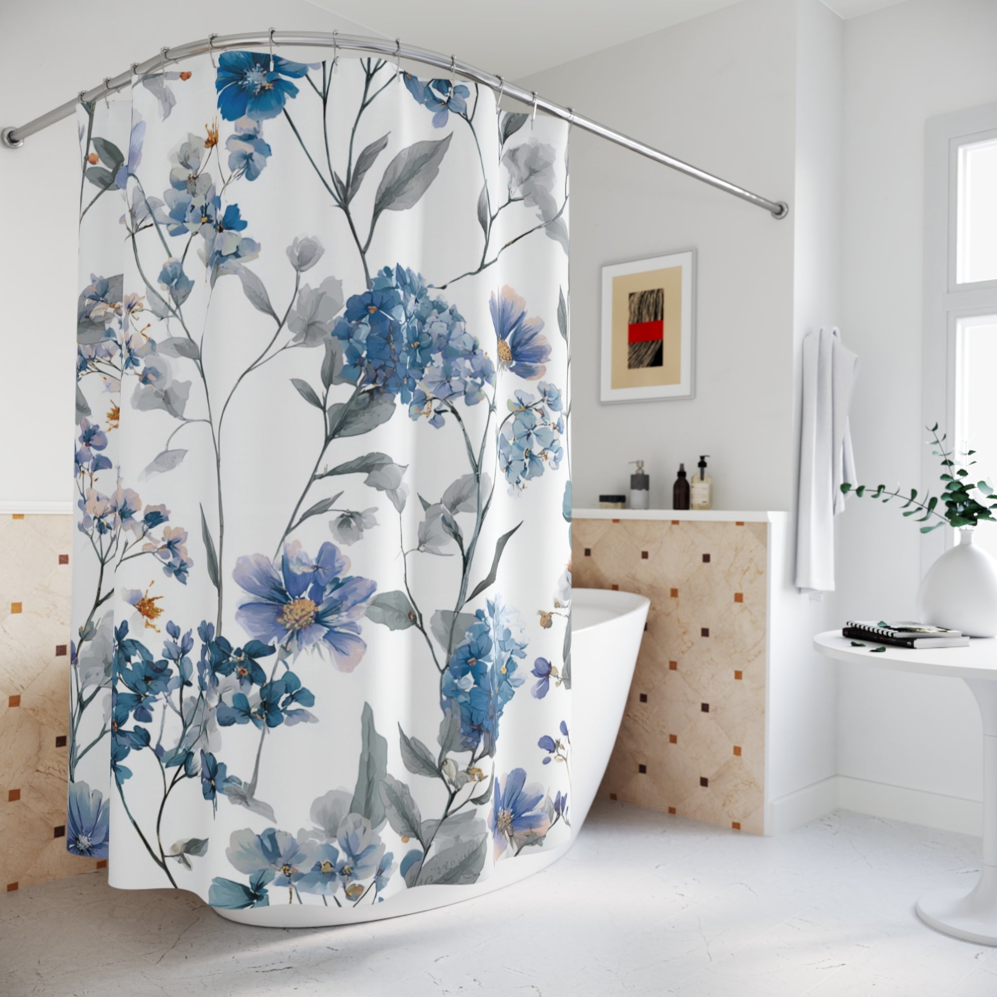 a bathroom with a white bathtub, a shower curtain with a floral pattern, and a framed picture on the wall.