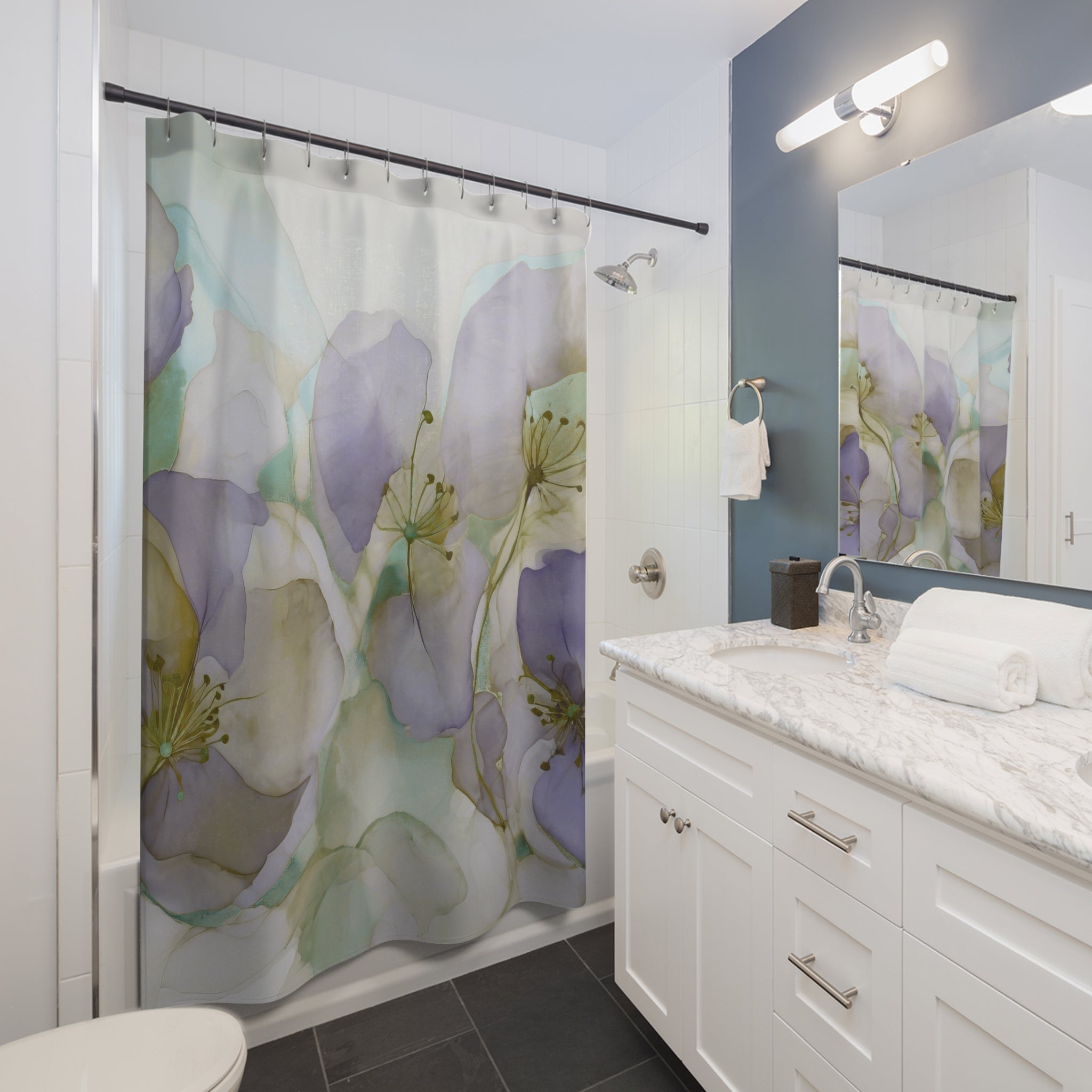 Abstract Shower Curtain | Artsy Floral Lavender Purple, Sage Green