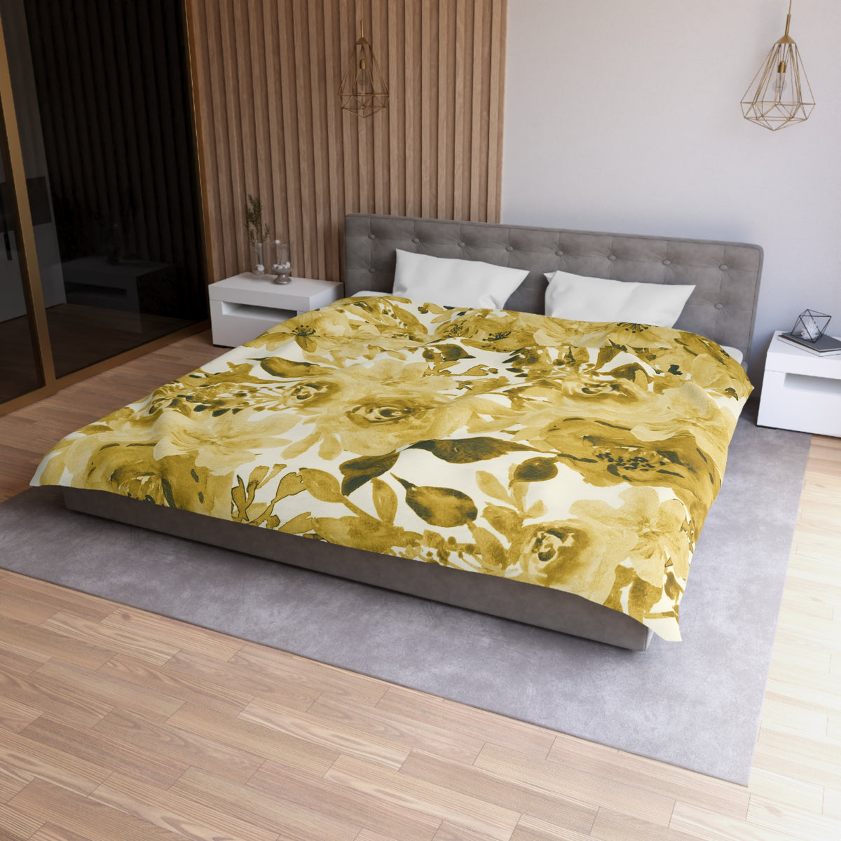 Golden Peony Duvet Cover | Mustard Ochre Watercolor Floral Bedding