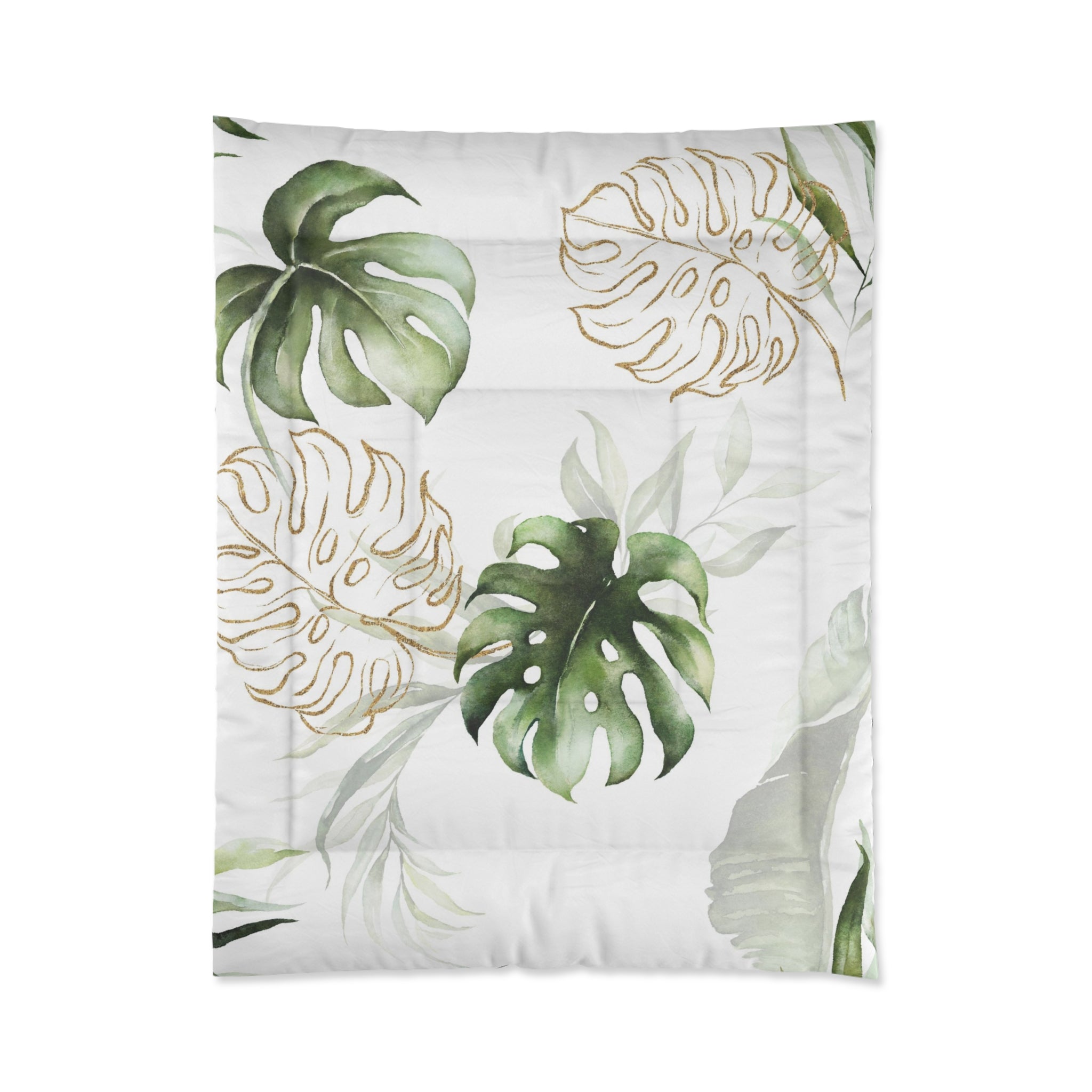 Floral Comforter | White Sage Green, Monstera Jungle Leaves