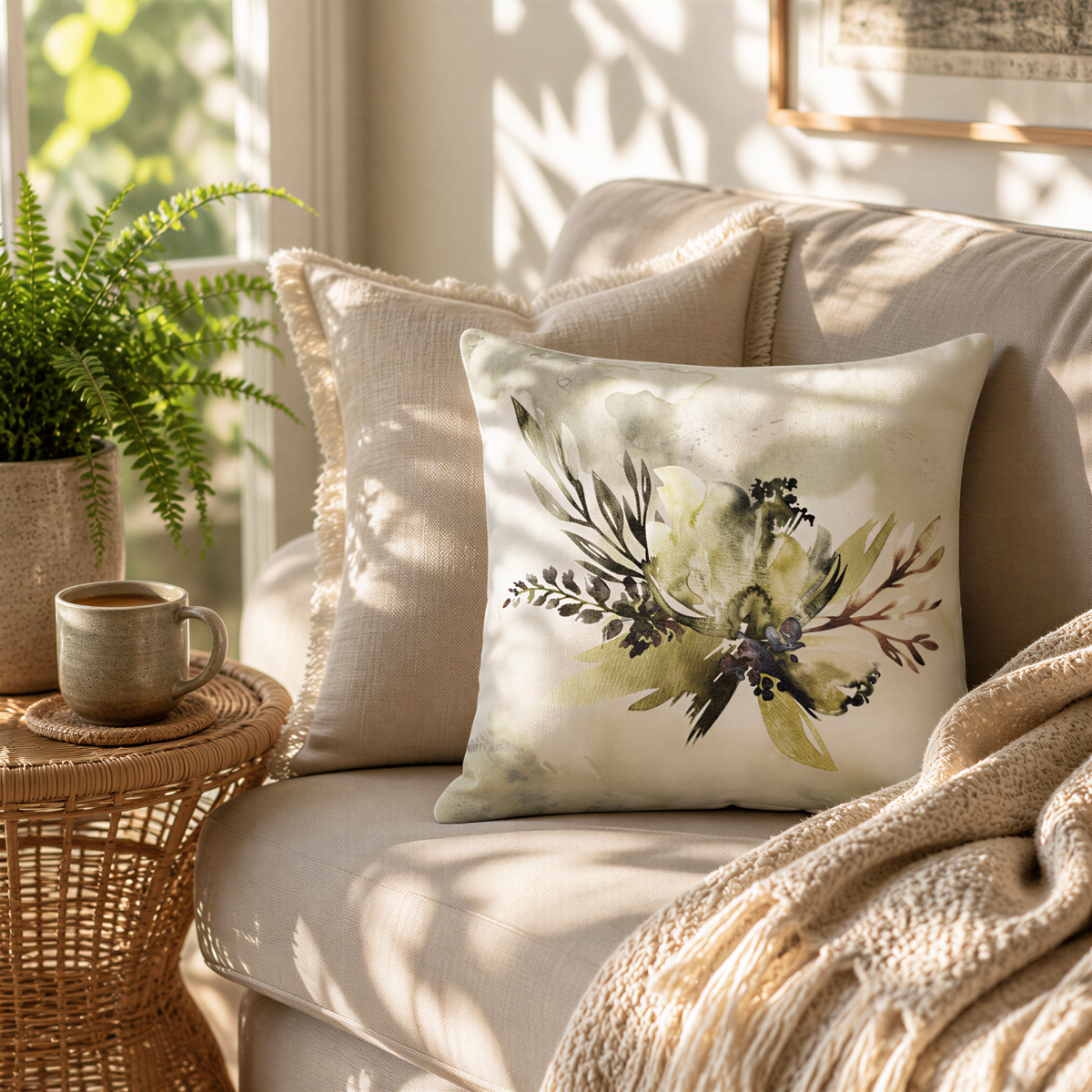 a cozy living room with a beige sofa adorned with a decorative pillow featuring a floral design. The room is illuminated by natural light from a window, and there are potted plants and a woven side table with a coffee mug on it.