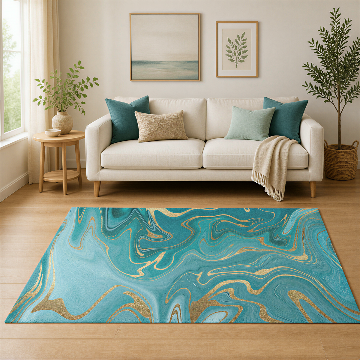 a cozy living room with a white sofa, a blue and gold patterned area rug, and a wooden side table with a plant. The room is decorated with framed artwork on the walls and a potted plant, creating a warm and inviting atmosphere.
