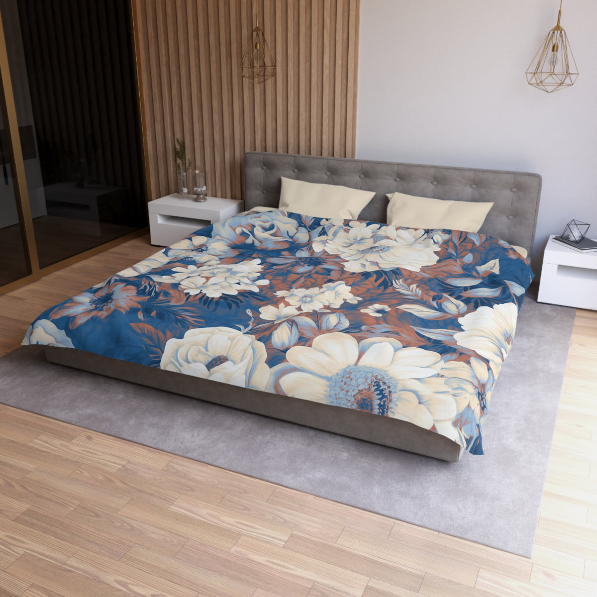 Cobalt Blue Vintage Floral Duvet Cover | Rust Cream Peony Rose Bedding