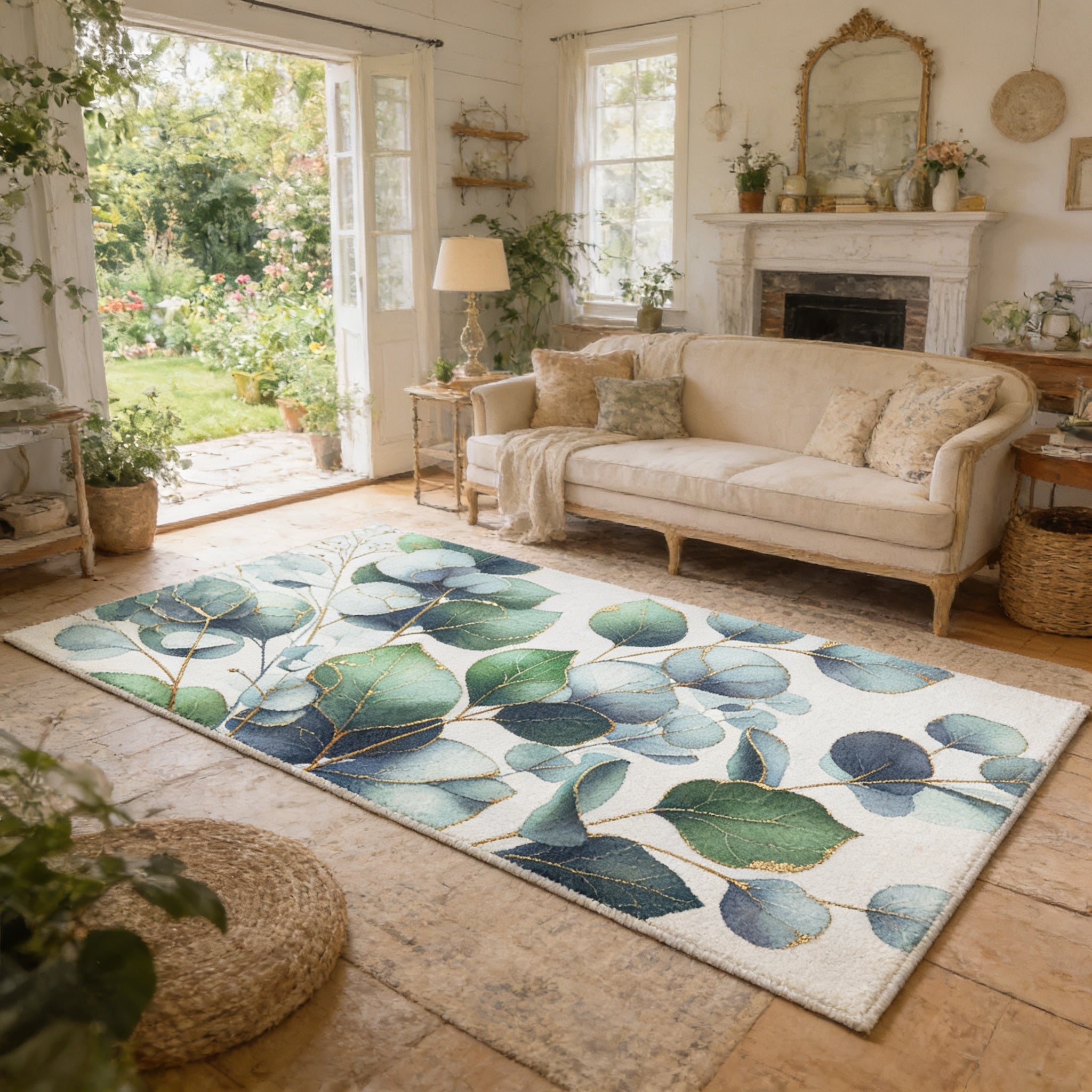 a cozy living room with a large white sofa, a rug with a leaf pattern, and a fireplace. The room is filled with various potted plants, creating a lush and vibrant atmosphere.
