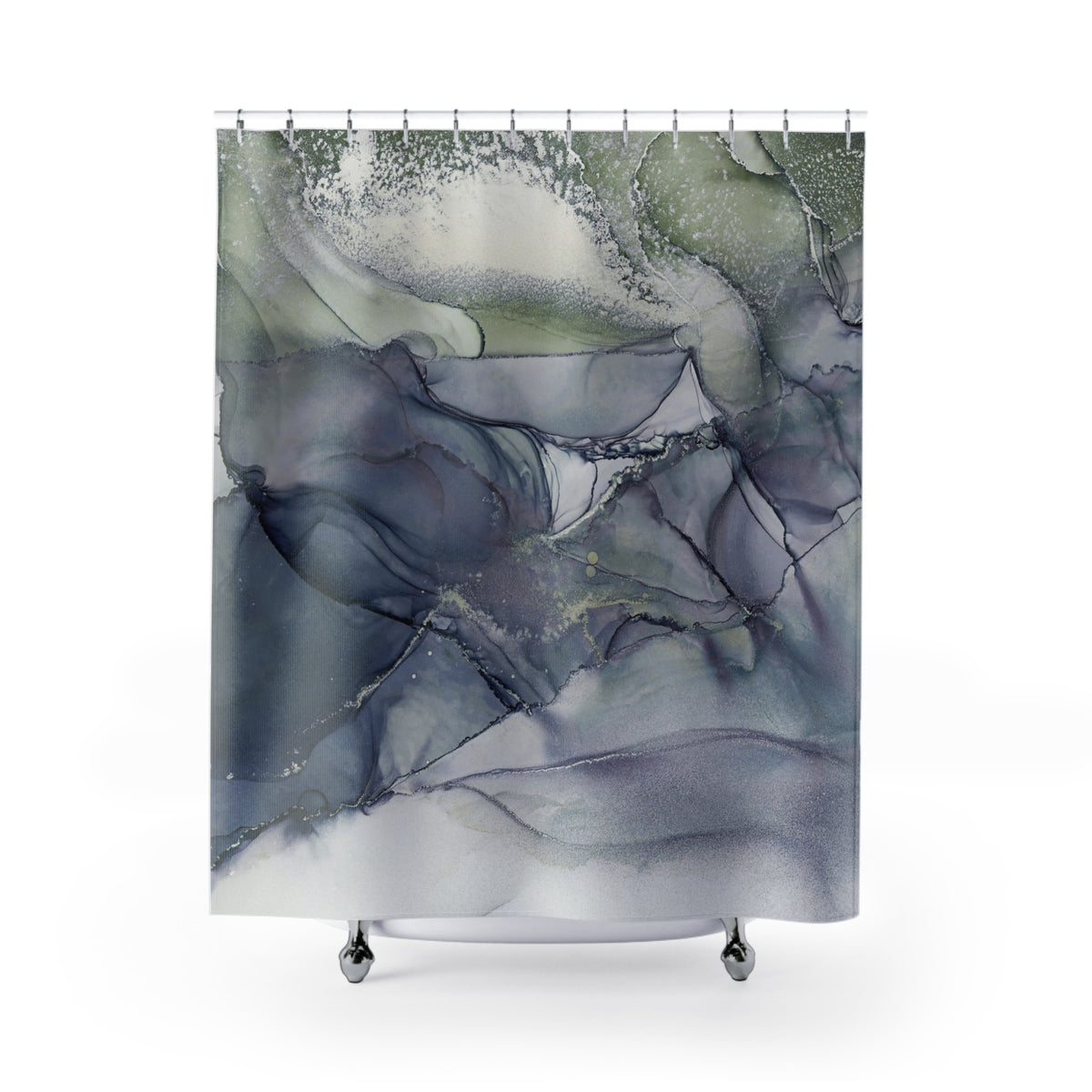 an abstract painting with a mix of blue, green, and gray colors, creating a dynamic and visually striking composition.
