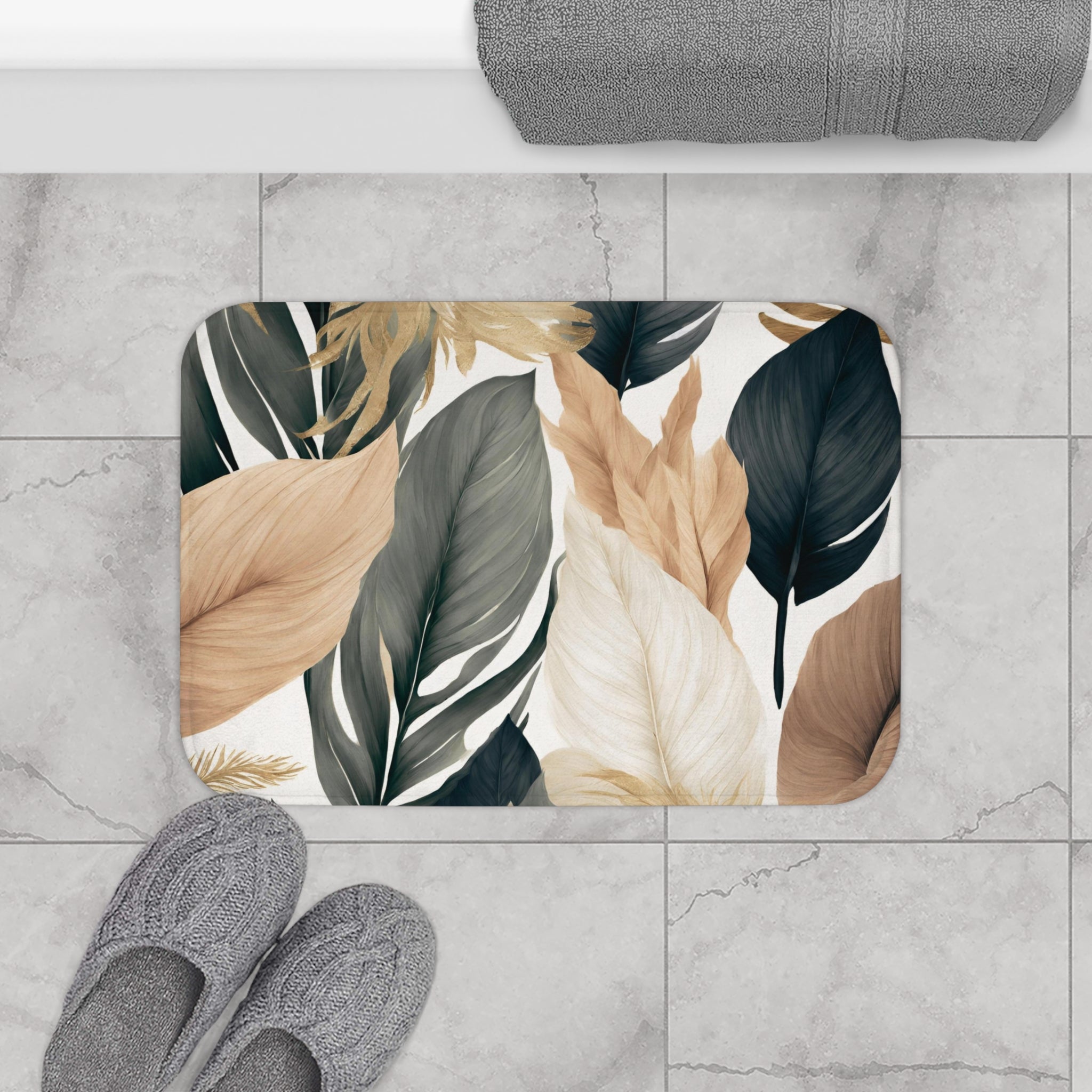 Boho Bath, Kitchen Mat | Modern Taupe Beige, Ivory Grey, Black Leaves