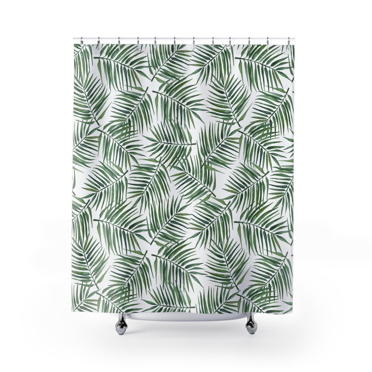 Green Palm Frond Watercolor Shower Curtain, Bath Curtain 71x74