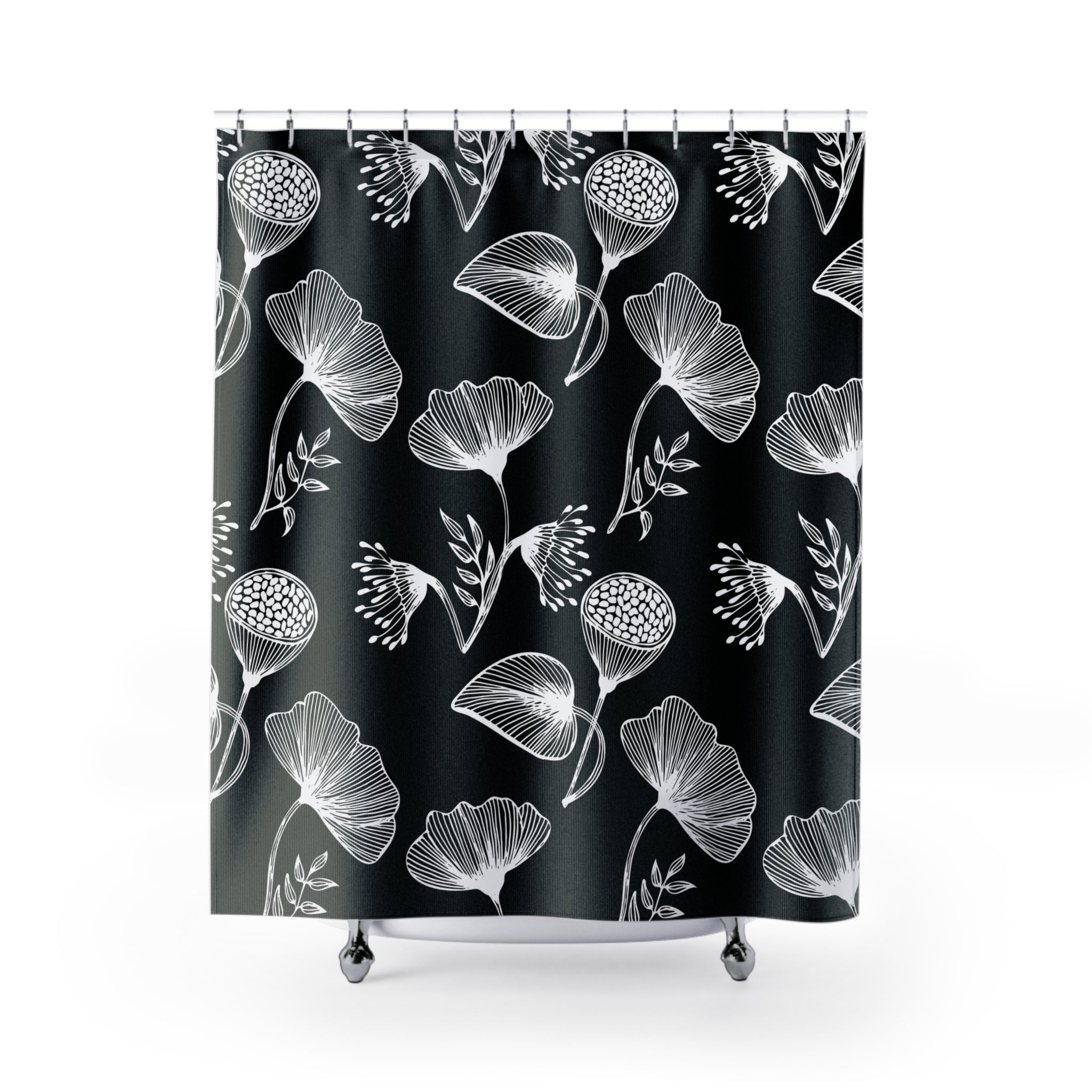 a black and white modern shower curtain with white flowers