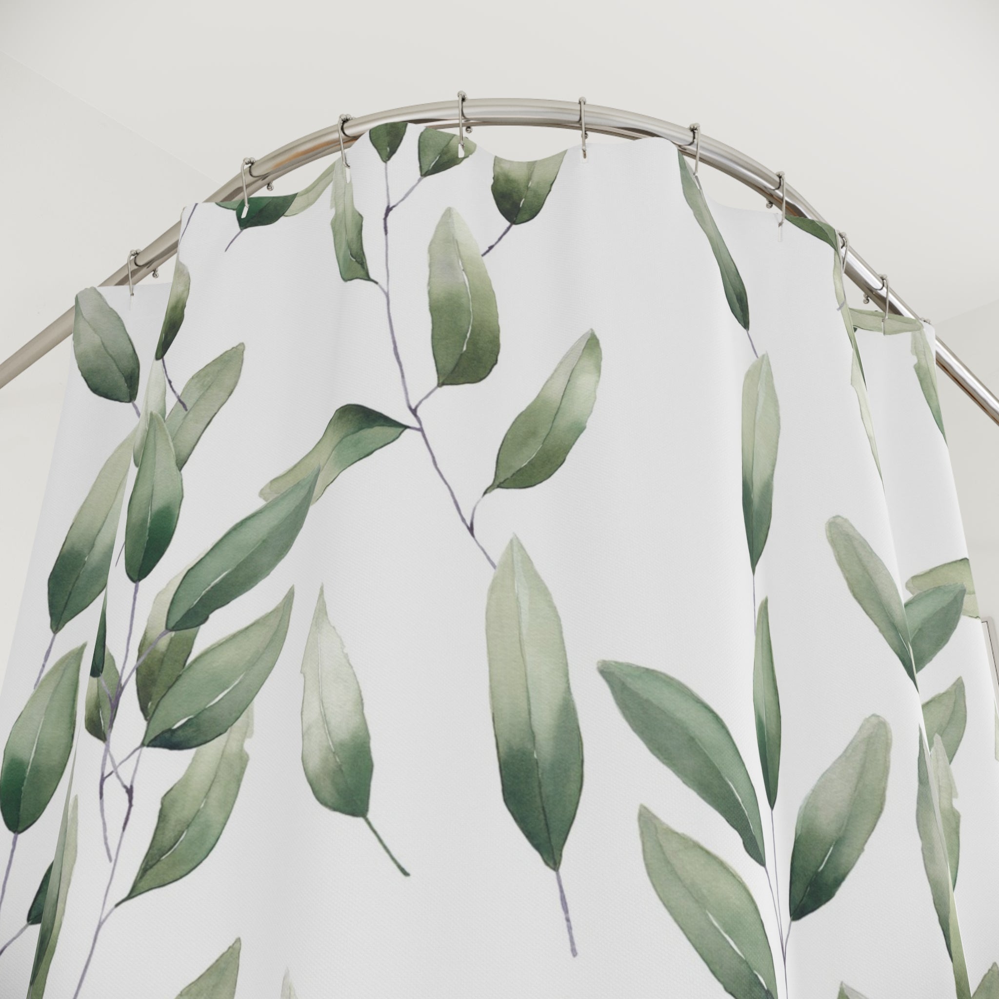 Boho Shower Curtain | Sage Green Leaves, White