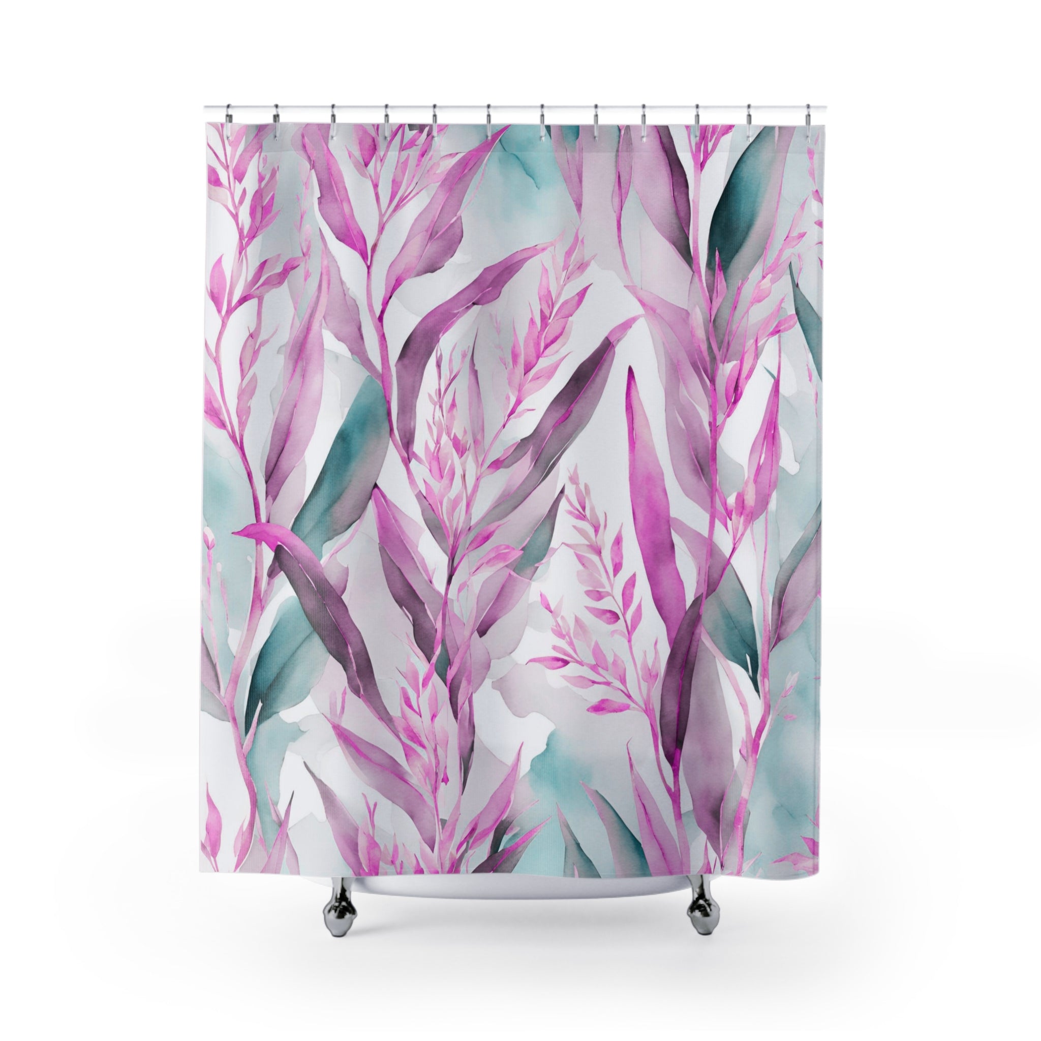 Boho Shower Curtain | Colorful Pink, Teal Green Leaves