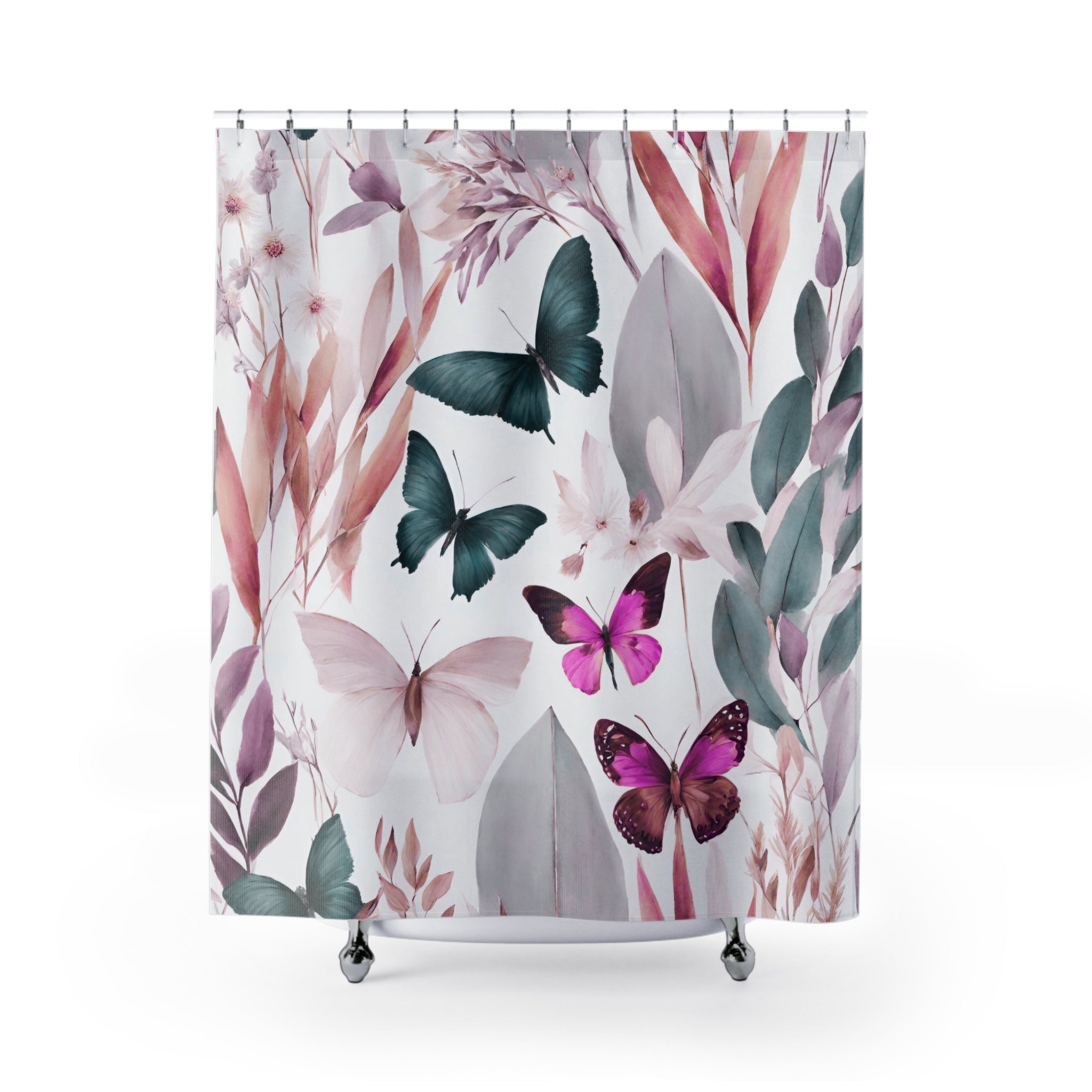 a shower curtain with butterflies and flowers on it