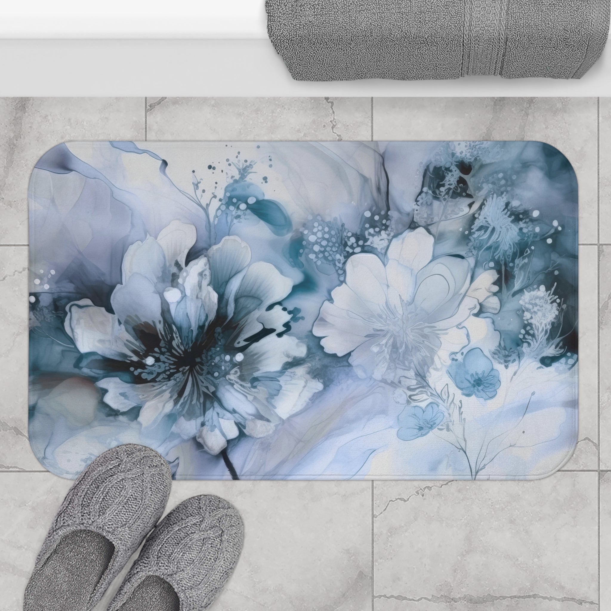 Floral Bath Mat | Pale Blue Watercolor Kitchen Mat
