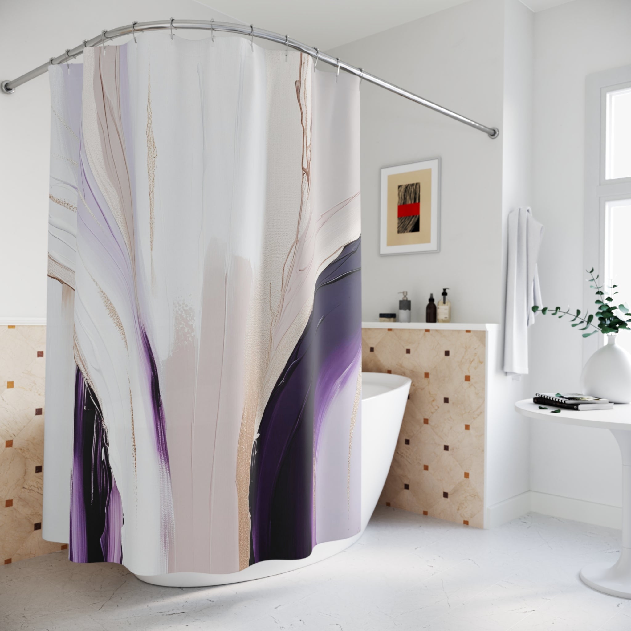 Boho Abstract Shower Curtain | Purple Beige White Ombre