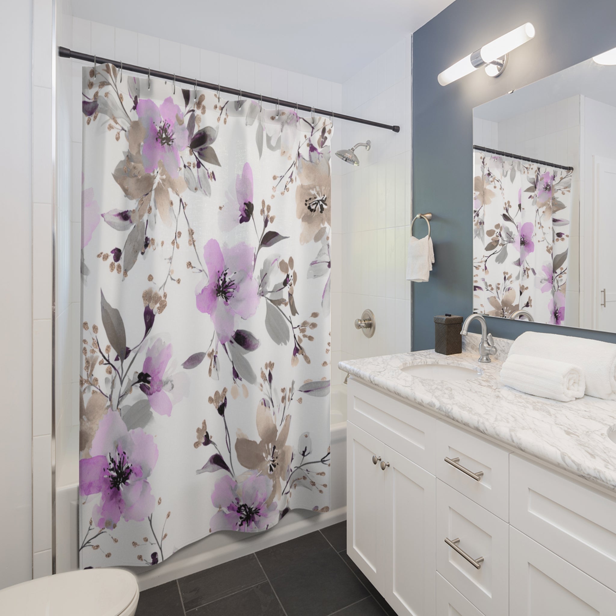 Lavender and Grey Floral Shower Curtain, Bath Mat | Watercolor Botanical Bathroom